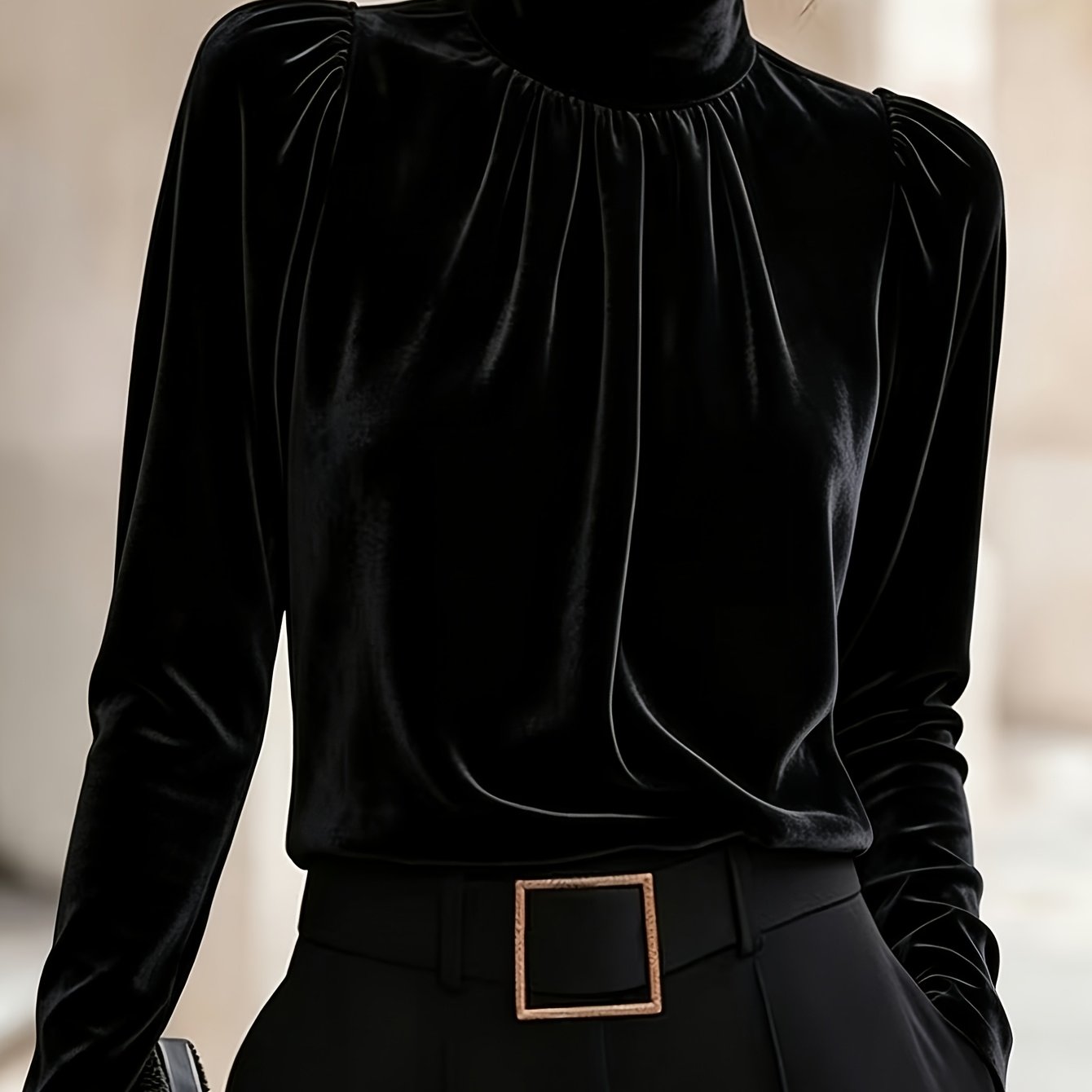 TEMU Élégante blouse directionnelle pour femmes en velours à volants, col et manches longues, haut de tempérament pour les quotidiens, manches