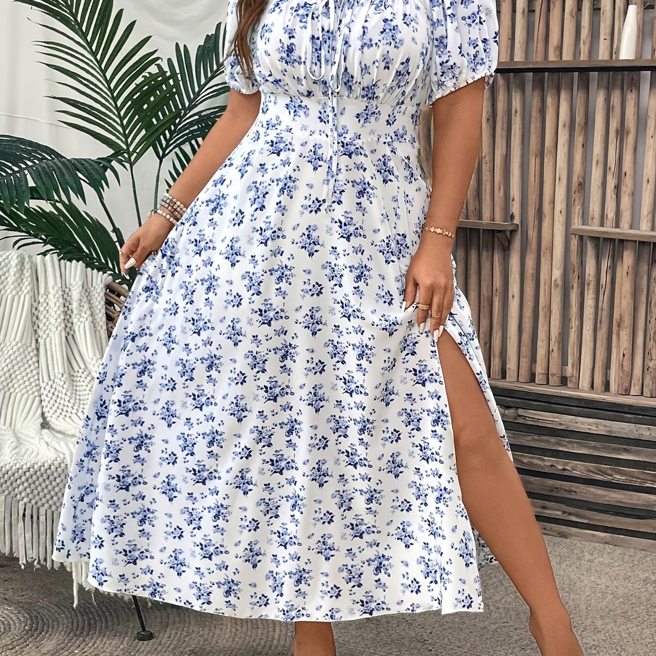 Image of Plus Size, Plus-size Women's Bohemian Style Summer Holiday Floral Print Front Tie Square Neckline Puff Short Sleeve Slit Hem Long Dress, Elegant Women's Clothing