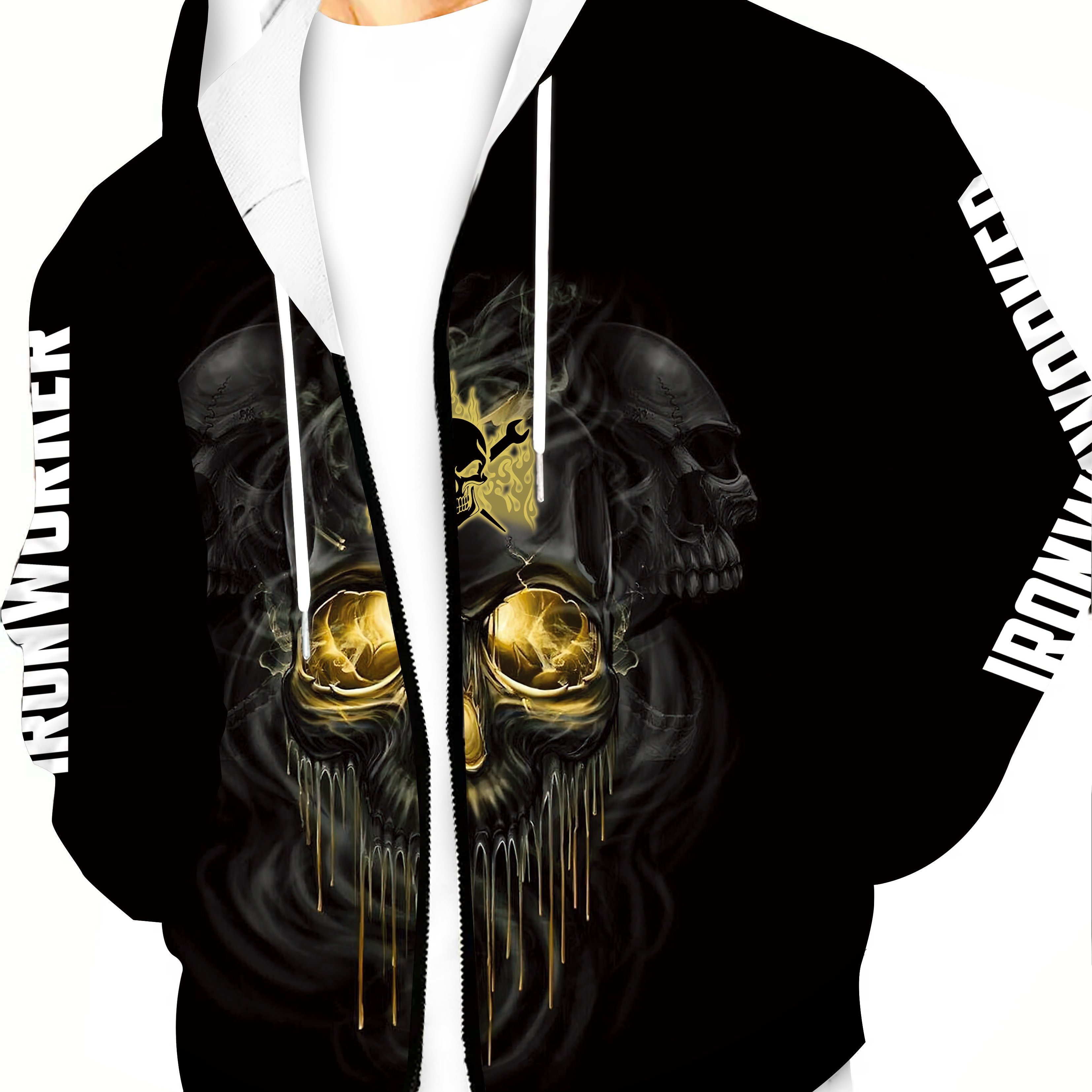 TEMU Men's Plus Size Casual Skull Print Hooded Windbreaker Jacket With Pockets And Zipper Closure, Ideal For Autumn And Winter