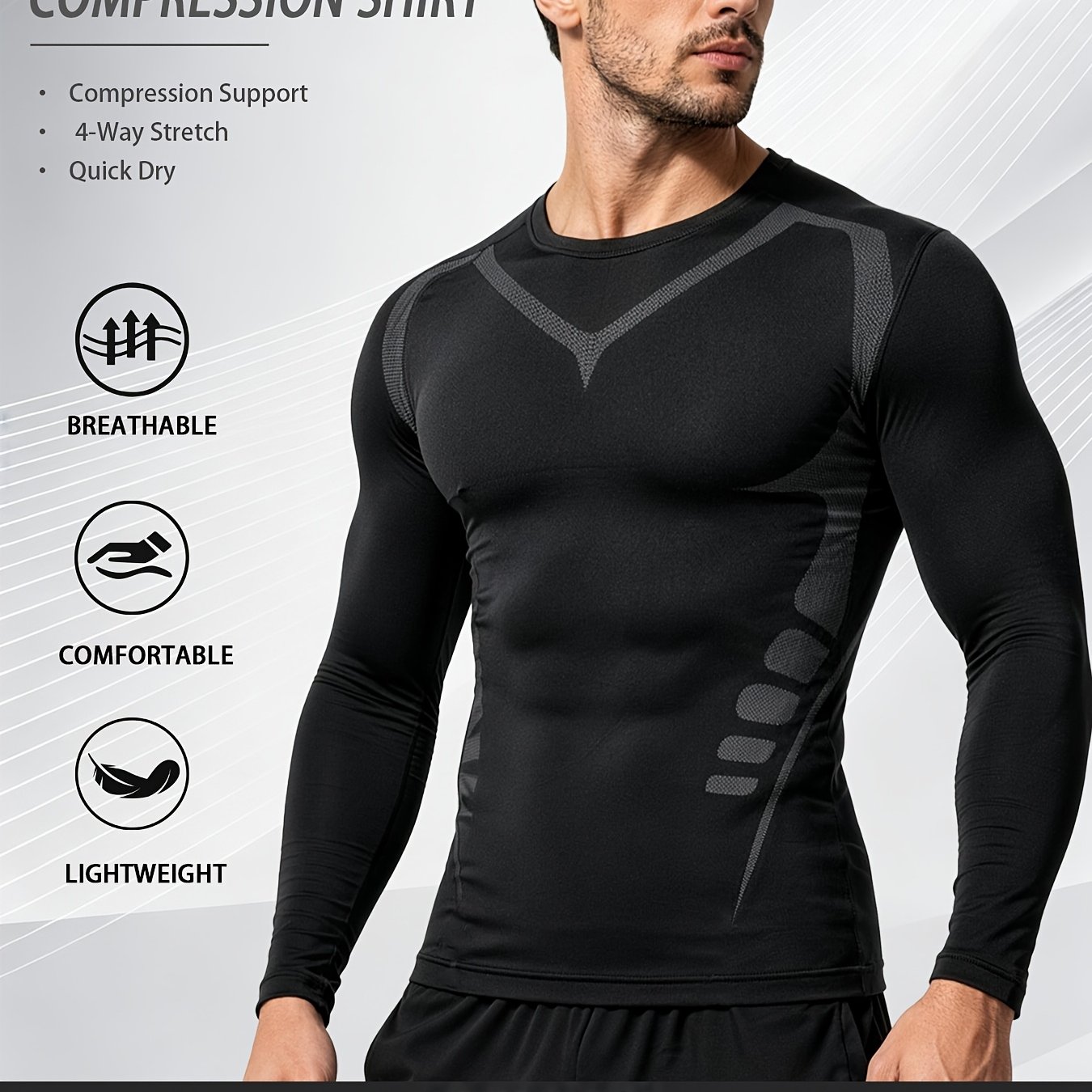 TEMU Men's Irregular Print Compression Base Layer Top, Spring And Autumn Basic Sportswear For Fitness Running
