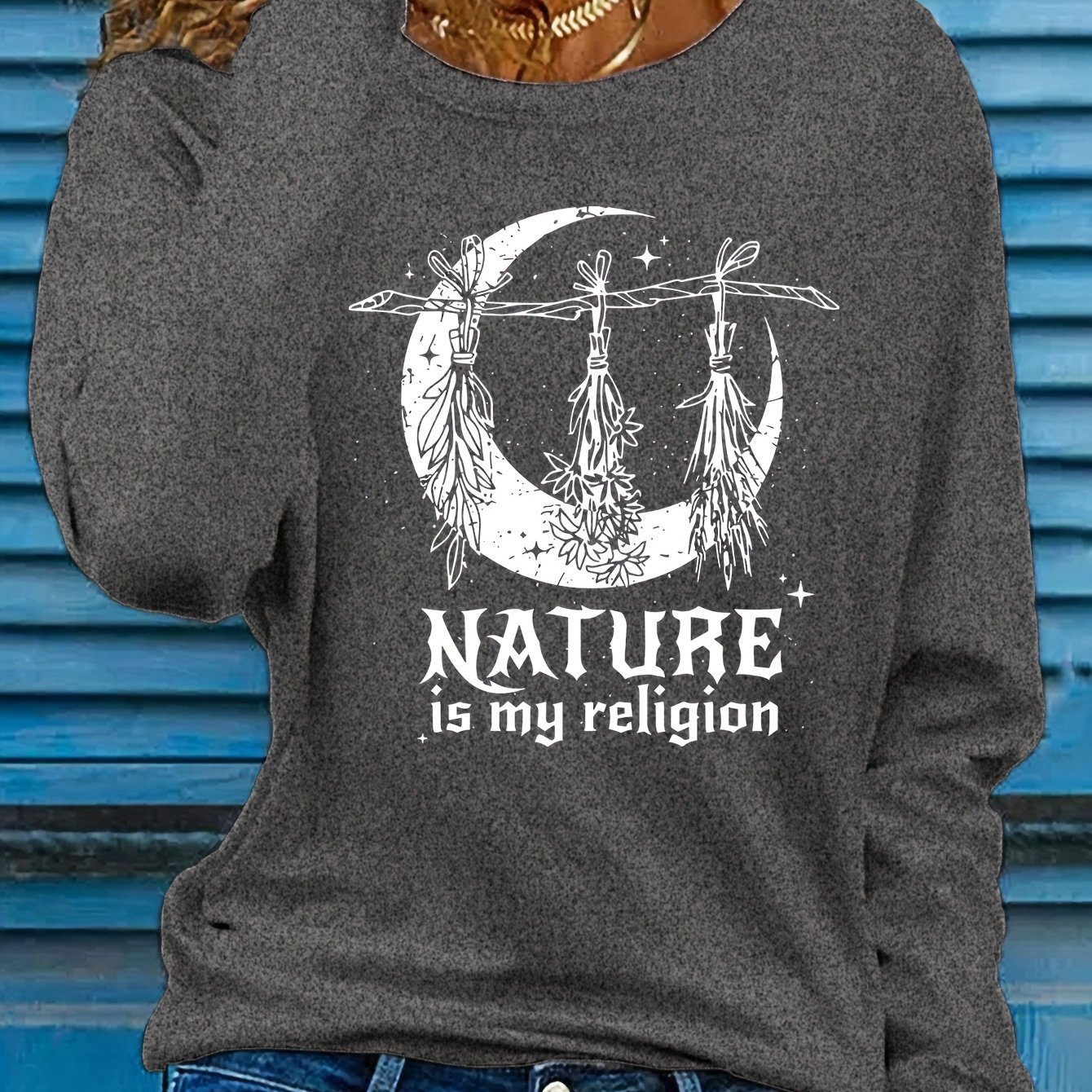 TEMU Graphic Print T-shirt, Long Sleeve Crew Neck Casual Top For Spring & Fall, Women's Clothing