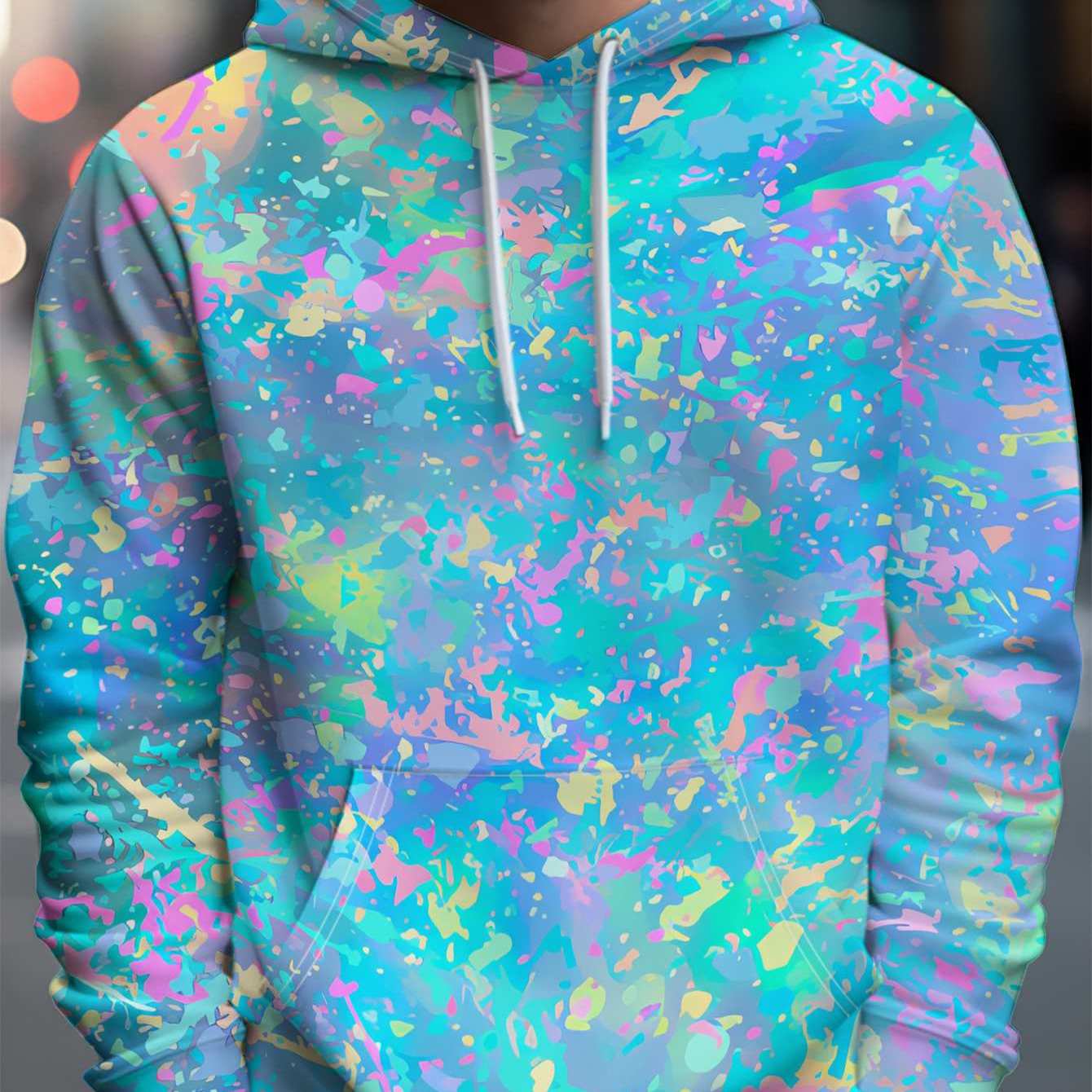 TEMU Men's Hoodie - Men's Casual Pullover Hoodie - Flat Pattern - No Texture, Colorful Abstract Splatter Watercolor Painting - Fashionable And -garde