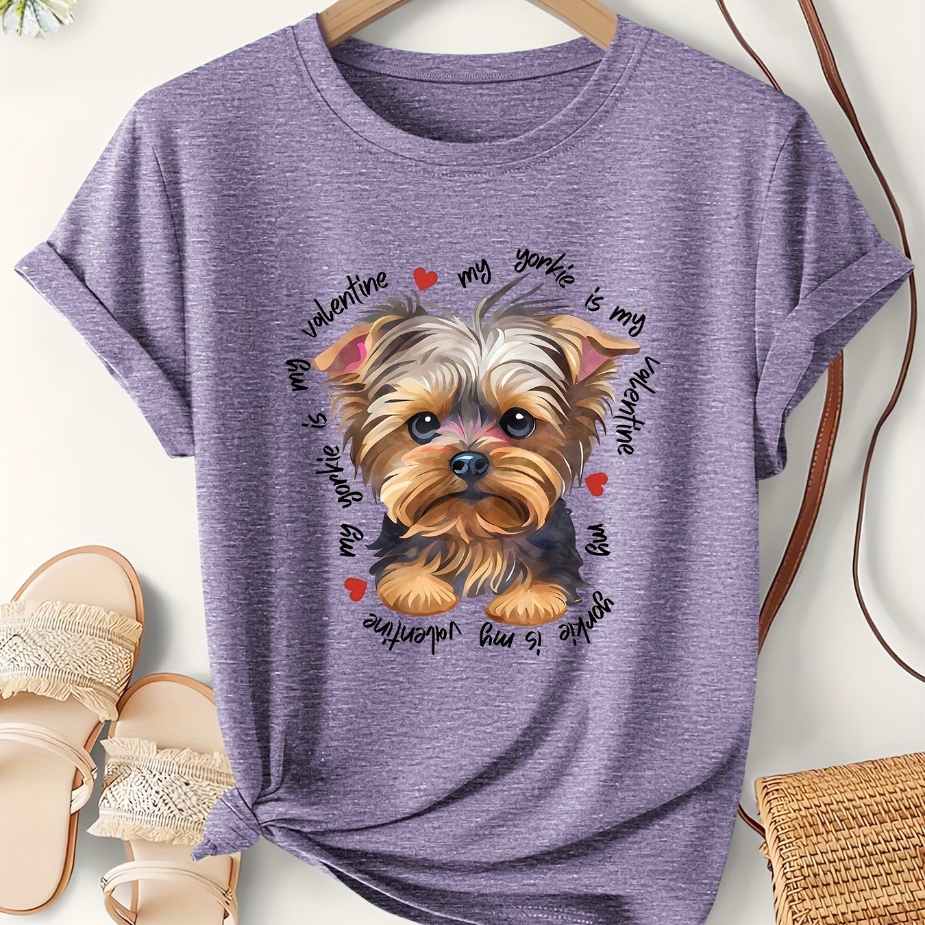 TEMU Women's Yorkshire Terrier Animal Print Letter Graphic Lightweight Short Sleeve T-shirt - Simple, Elegant, Casual Retro Korean Style Top For