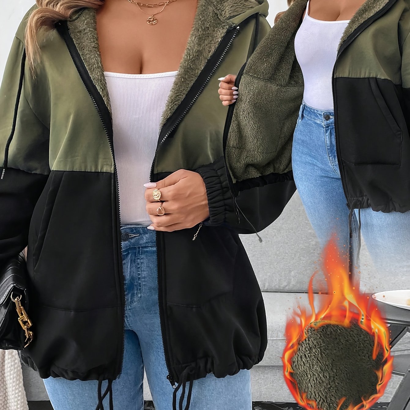 Plus Size, Plus Size Women's Color Block Drawstring Hooded Winter Coat