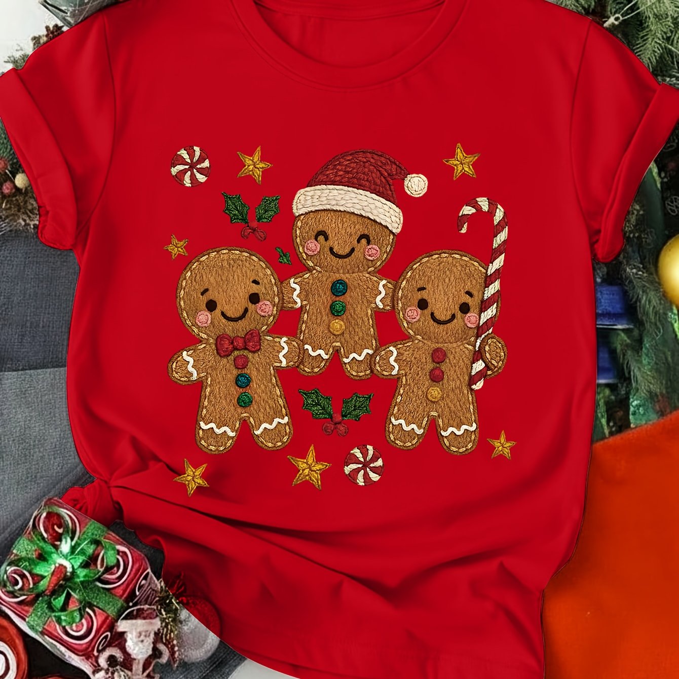 TEMU Camiseta de manga corta y cuello con estampado de divertido navideño