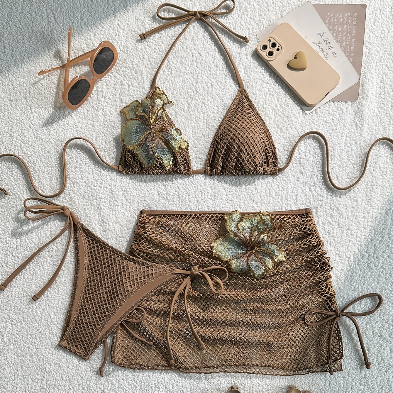 TEMU New Women's Split 3pcs Bikini Set With High-end Floral Decoration For Beach Vacation And Swimwear