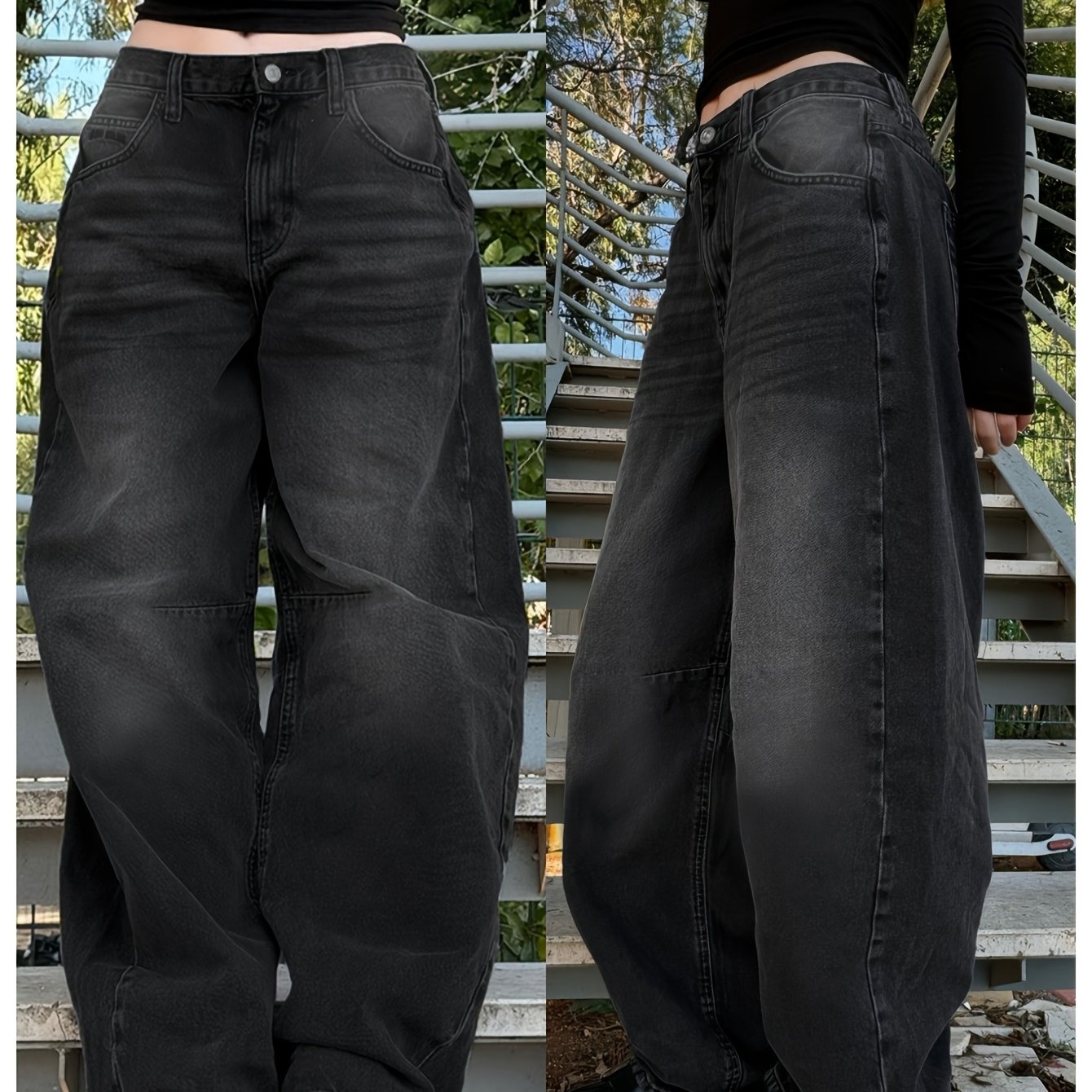 Image of Women's High Waist Faded Black Wide Leg Jeans, Vintage Washed Denim Trousers With Adjustable Back , Loose Straight Leg, Casual & Stylish Streetwear Pants