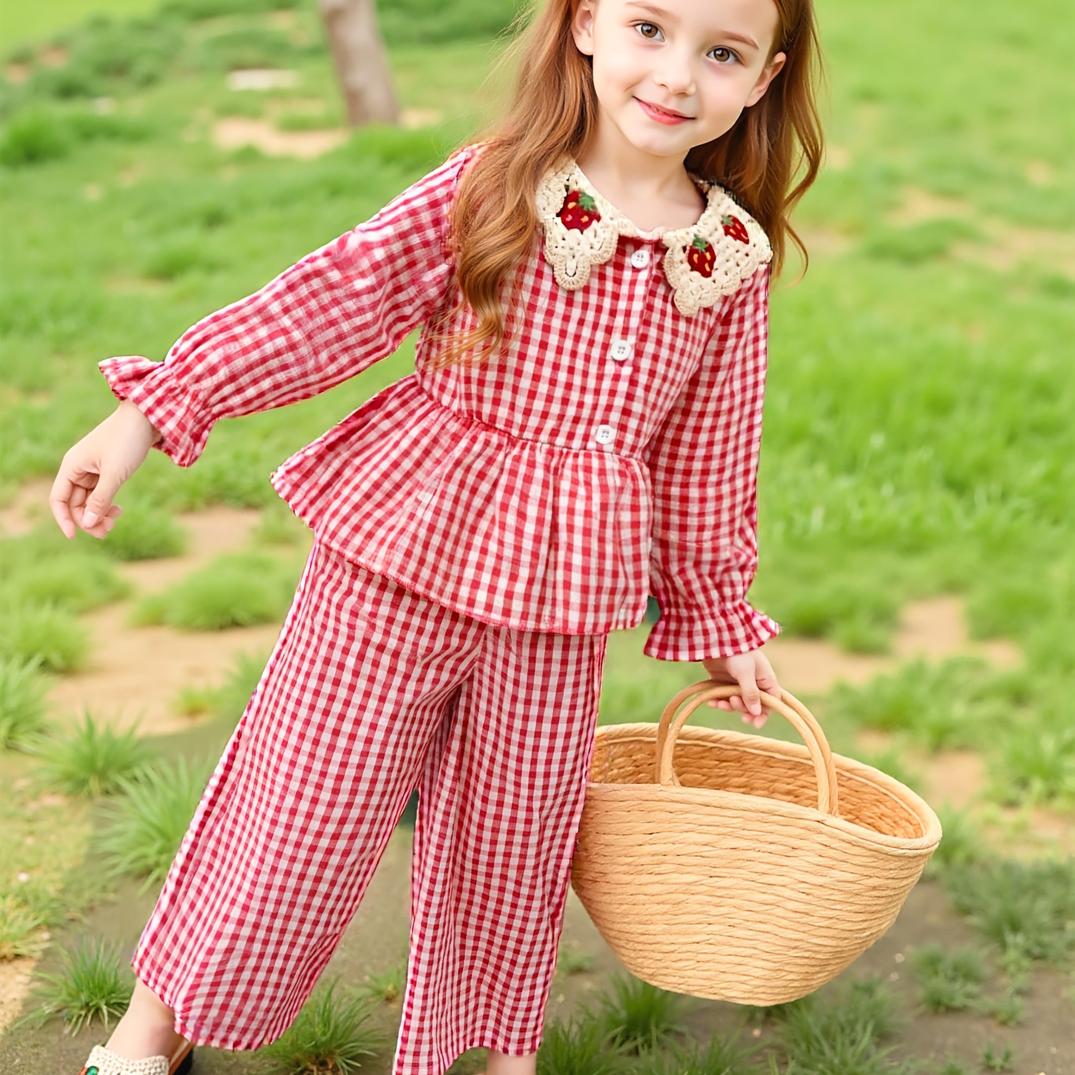 Image of Girls' 2pcs Set With Strawberry Embroidery, Long-sleeve Collared Top And Long Pants, Casual Autumn Children's Clothing, Perfect For Outdoor