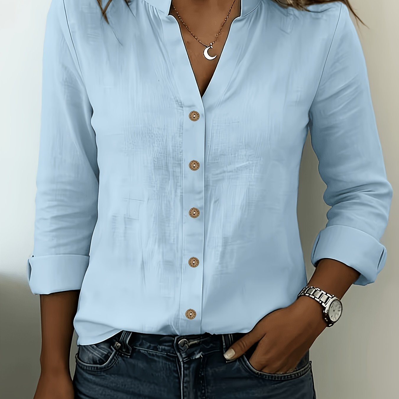 According Tofashionable V-neck Bamboo-joint Style Women's Long-sleeved Shirt