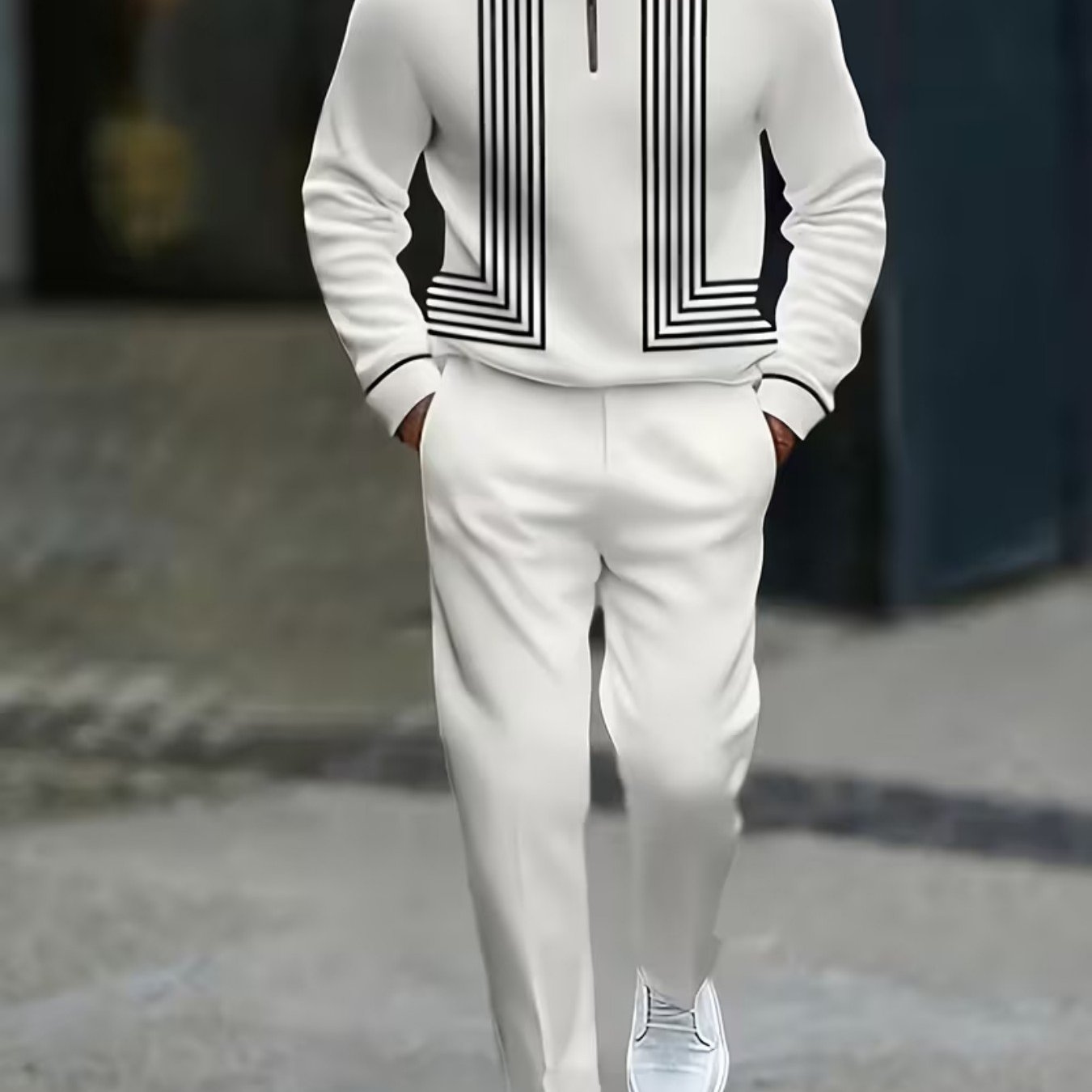 Men's Quarter Zip Stand Collar Tracksuit Set White With Print Long Sleeve Top And Pants 2pcs Casual Outfits