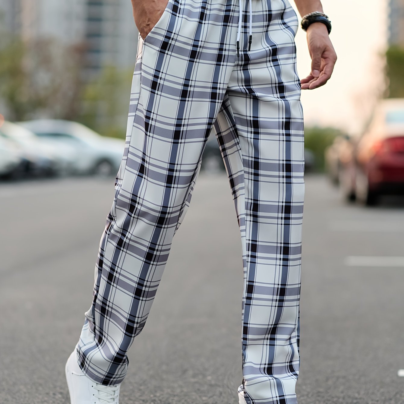 Image of Men's Casual Plaid Pants - Classic Checkered Pattern Regular Fit Trousers With Adjustable Drawstring Waist, Non-stretch Fabric For Casual Attire & Semi-formal Occasions, Flexible Wear