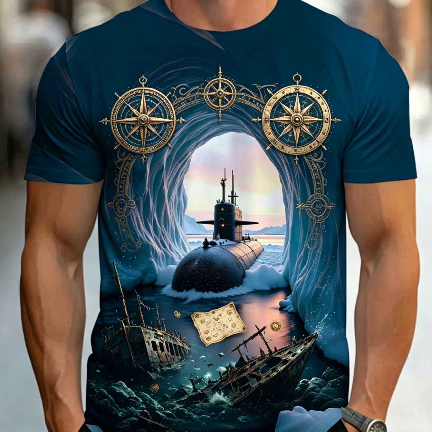TEMU Men's T-shirt, Cool And Breathable, With An Exploration Compass And Print, Nautical Style, Summer Short-sleeve T-shirt Top, Comfortable,