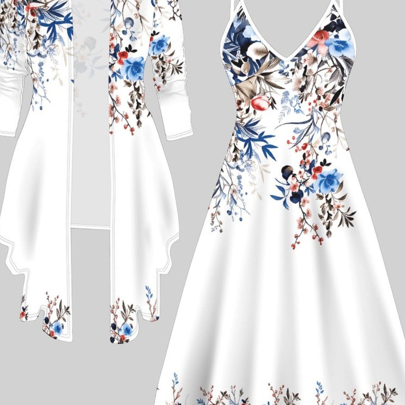 Printing And Dyeing Four-season Long-sleeve Jacket And Camisole Dress Two-piece Set With Totem , Casual And Personalized Style, Fashion Style, Elegant Women's Suit