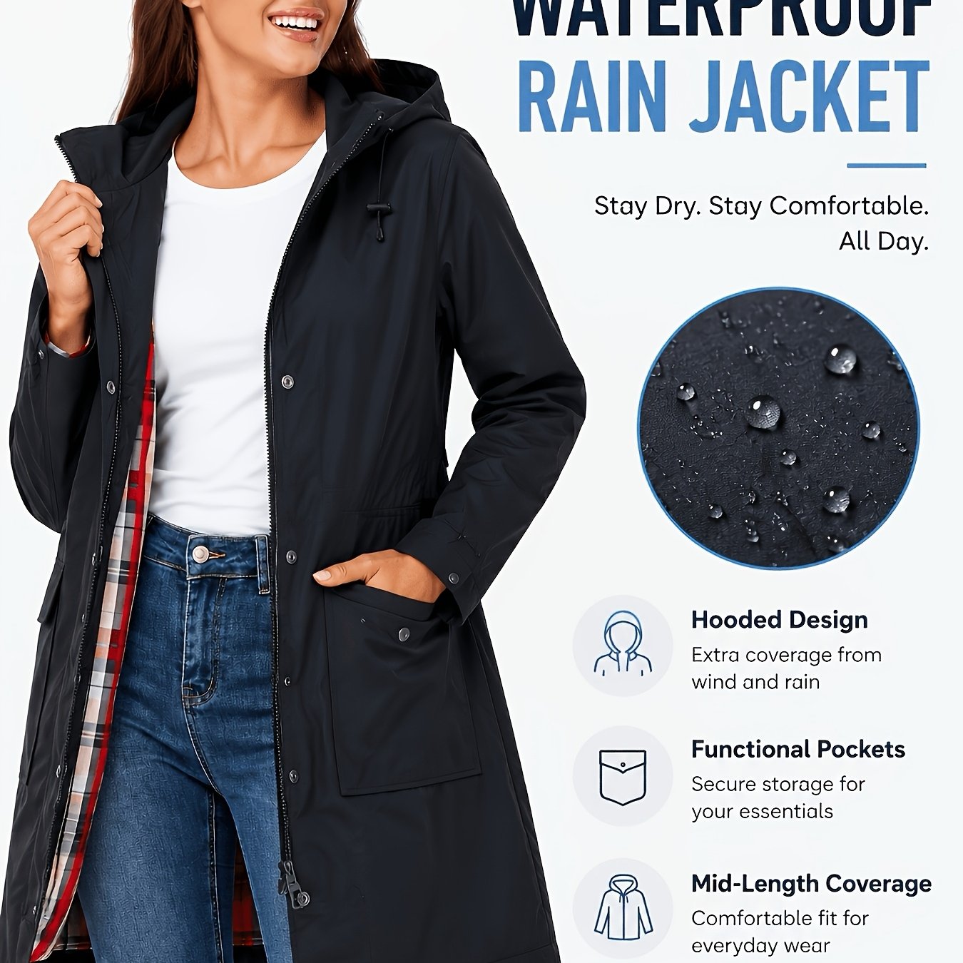 TEMU Saphirose Women's High Quality Hooded Rain Jacket - Lightweight Windproof Windbreaker Trench Coat With Plaid Lining, Adjustable Waist & Pockets,