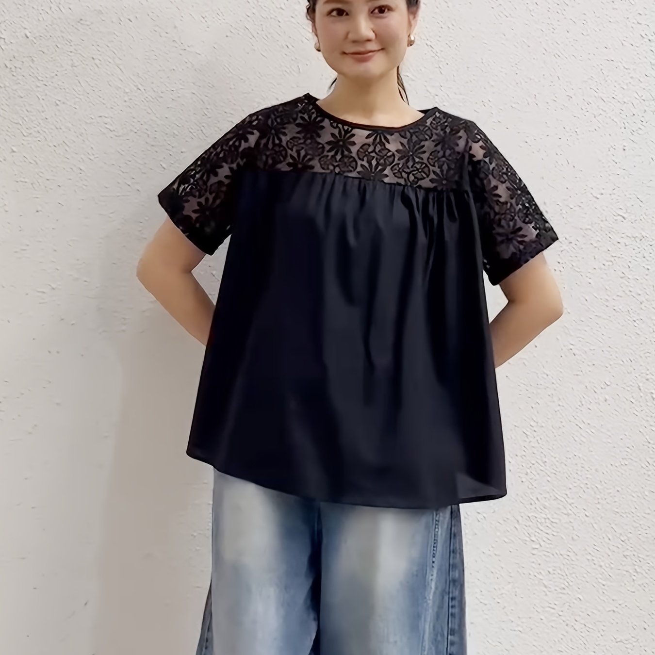 TEMU 【大きいサイズ】大きいサイズ - レディース 夏 半袖 ブラウス、フレンチ風、軽くてアーリー、吸湿性、心地よいトップス、ネックライン、スフィットシャツ、大人向けカジュアルウェア、レース、着やすい、オフィスカジュアルに最適