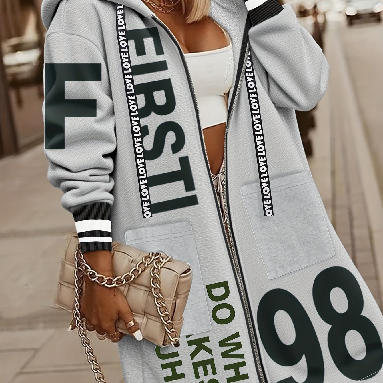 E-shop Damen Winter Kapuzenjacke mit 'LOVE' Schriftzug & -1 Reißverschluss, Streifenmanschetten & Taschendesign, Casual Warme Oberbekleidung für