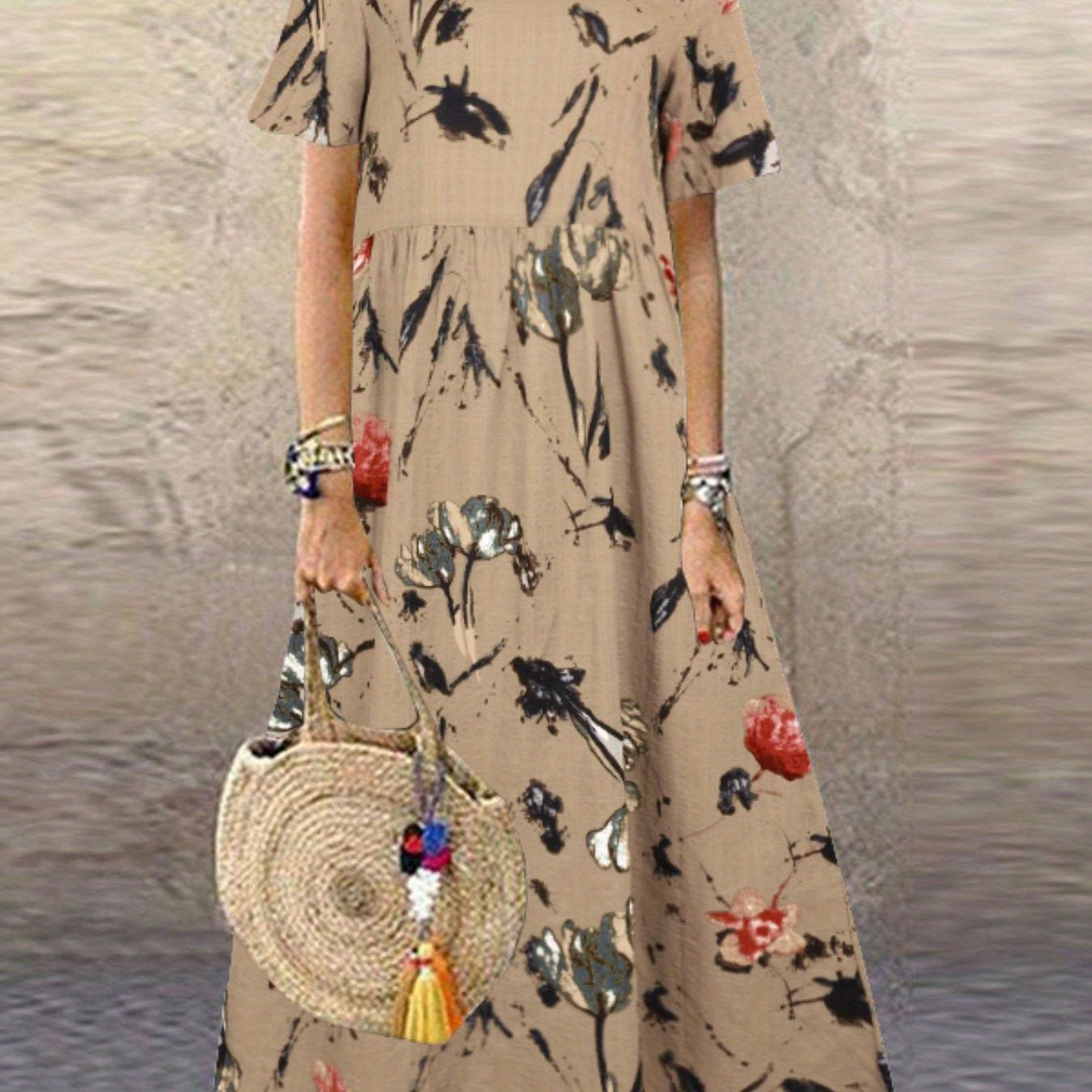 Image of Vacation + Yy0113003 Women's Summer Crew Neck Bohemian Floral Print Loose A-line Maxi Dress Kaftan Lightweight Long Sundress Fashion Dress