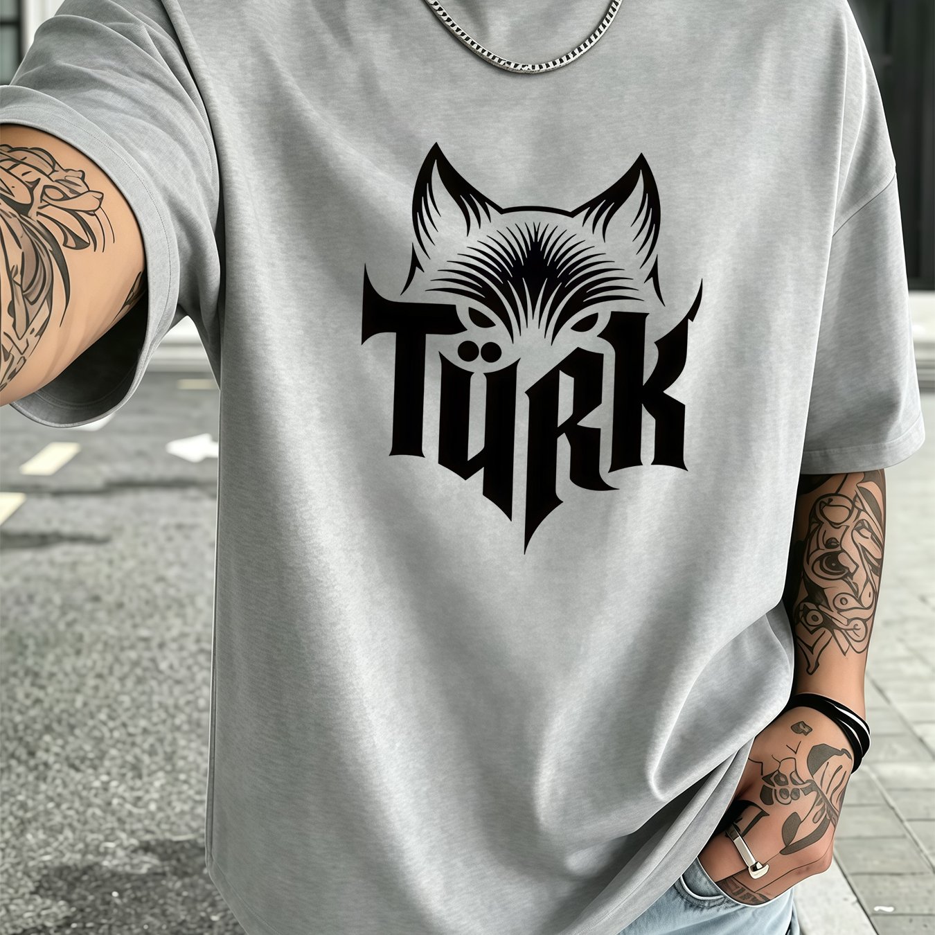 TEMU Men's Wolf Graphic Crew Neck T-shirt - Edgy Urban Style, Comfortable And Lightweight, 100% Polyester Fiber, Print Design, Short Sleeve Summer