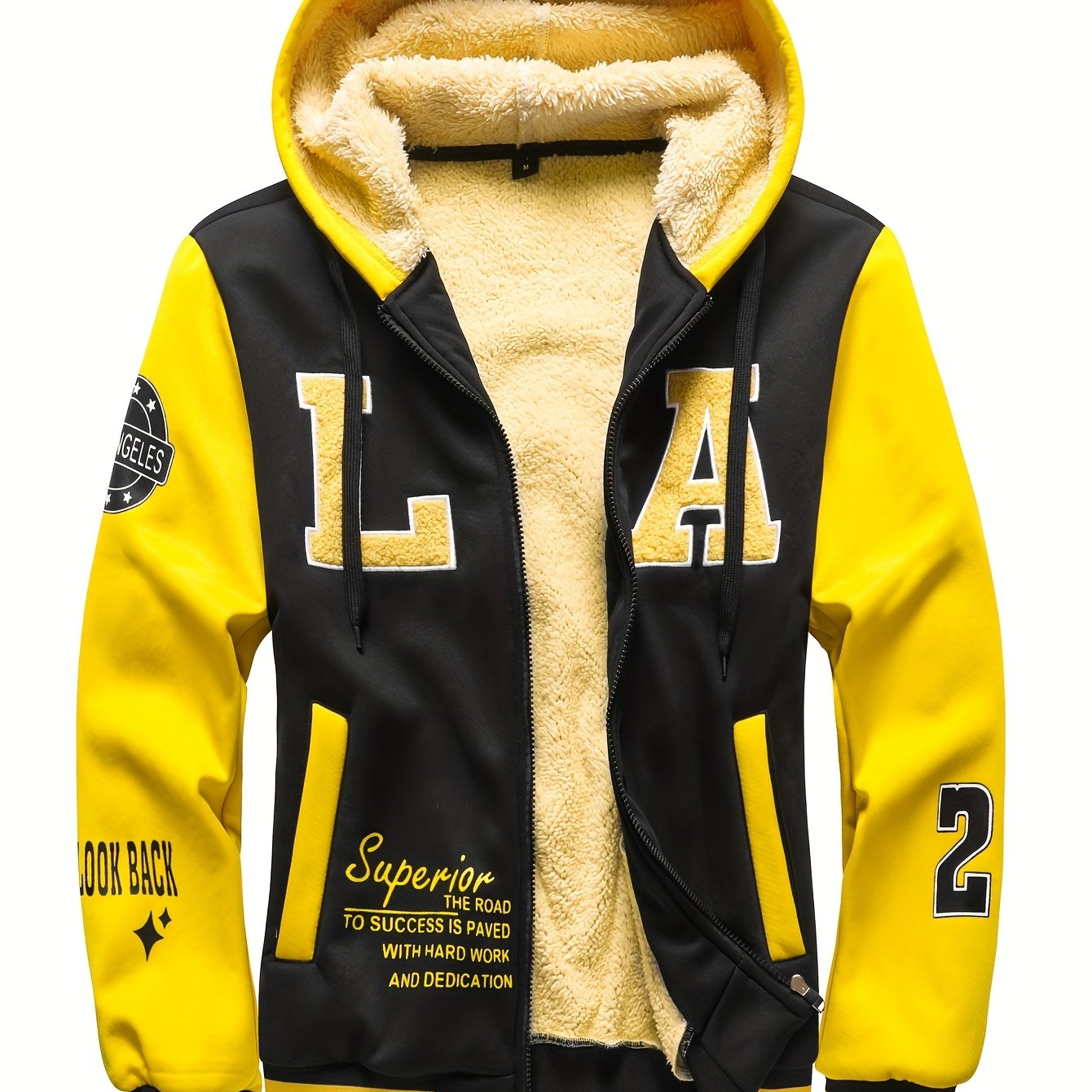 Men's Fall Winter New Plush Lining Letter Embroidered Contrast Color Warm Hooded Jacket