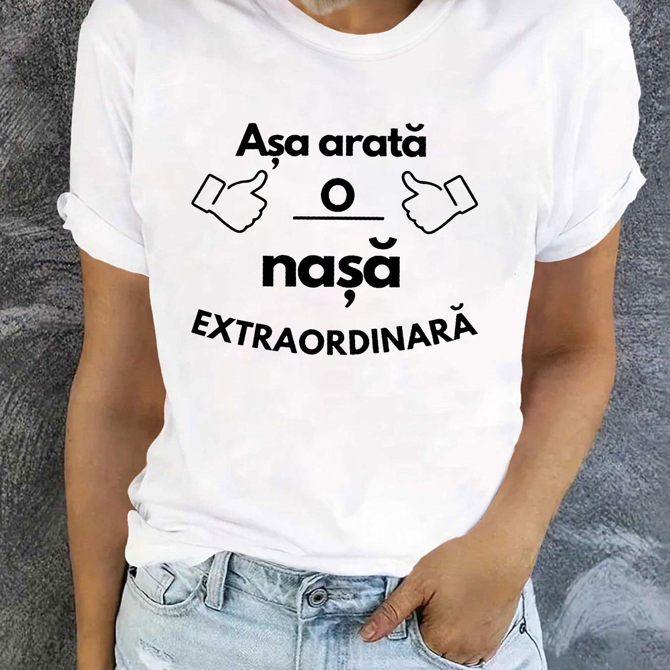 TEMU Women's Romanian Letter Print T-shirt "aÈa AratÄ O NaÈÄ" Short Sleeve Crew Neck Top - Spring Summer Suitable For Parties, Gifts, Casual Attir