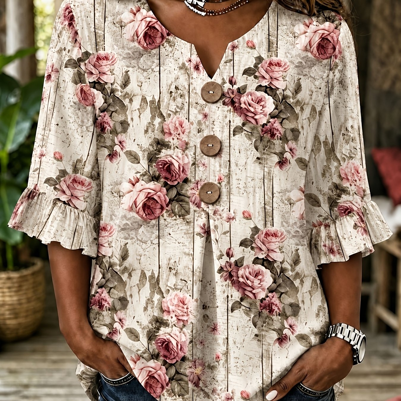 TEMU Plus Size, Plus Size Women's Shirt Top, New Summer Fashion Printed V-neck Decorative Button Blouse