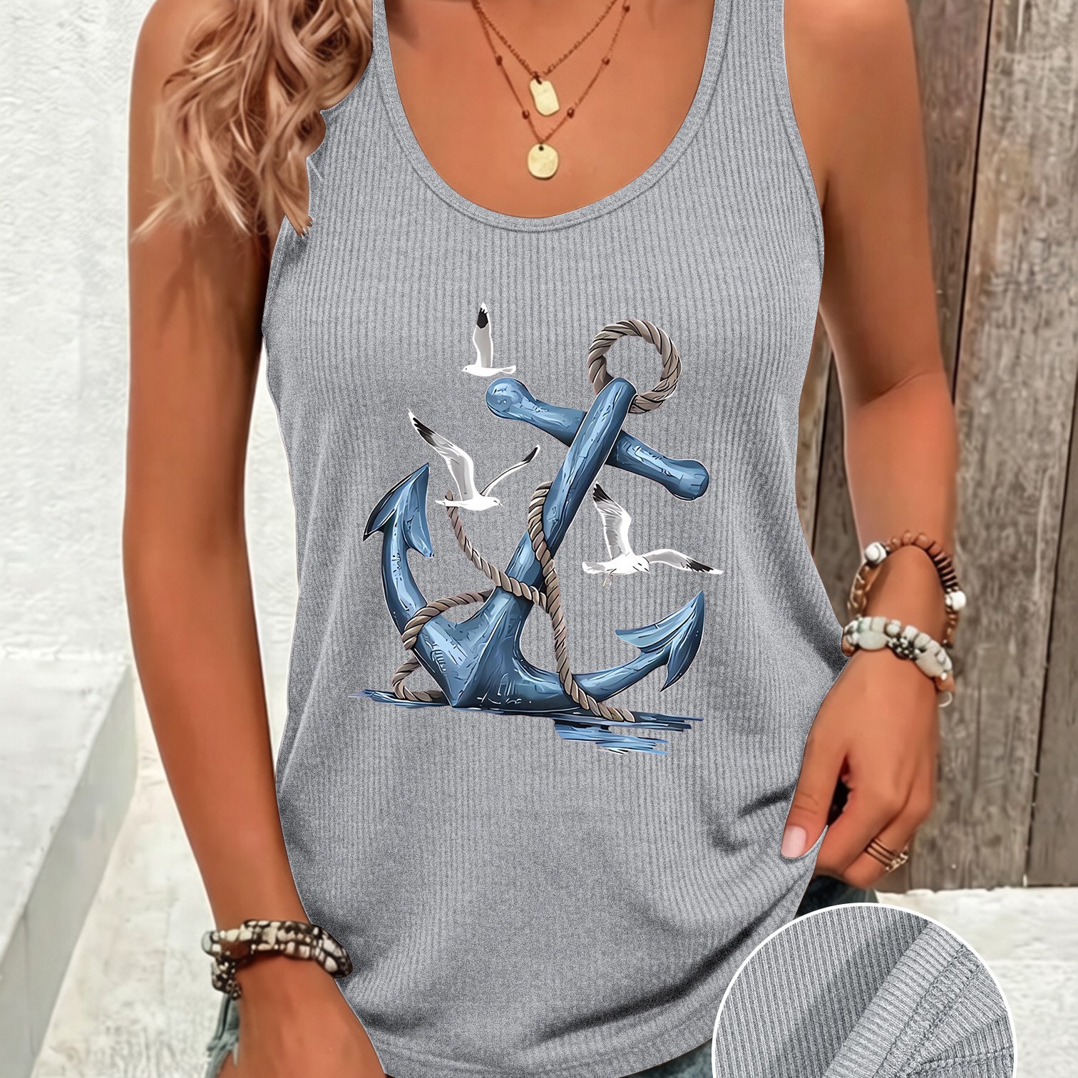 TEMU Women's Spring/summer Fashion Casual Ribbed Sleeveless Longline Tank Top, Blue Anchor And Seagull Print, Soft, Comfortable, Breathable, Simple