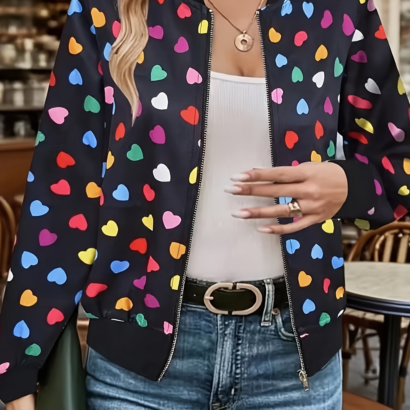 E-shop Bedruckte Zip-Up Jacke, Elegante Langarm Baseballkragen Jacke, Geeignet für Frühling und Herbst, Damenbekleidung