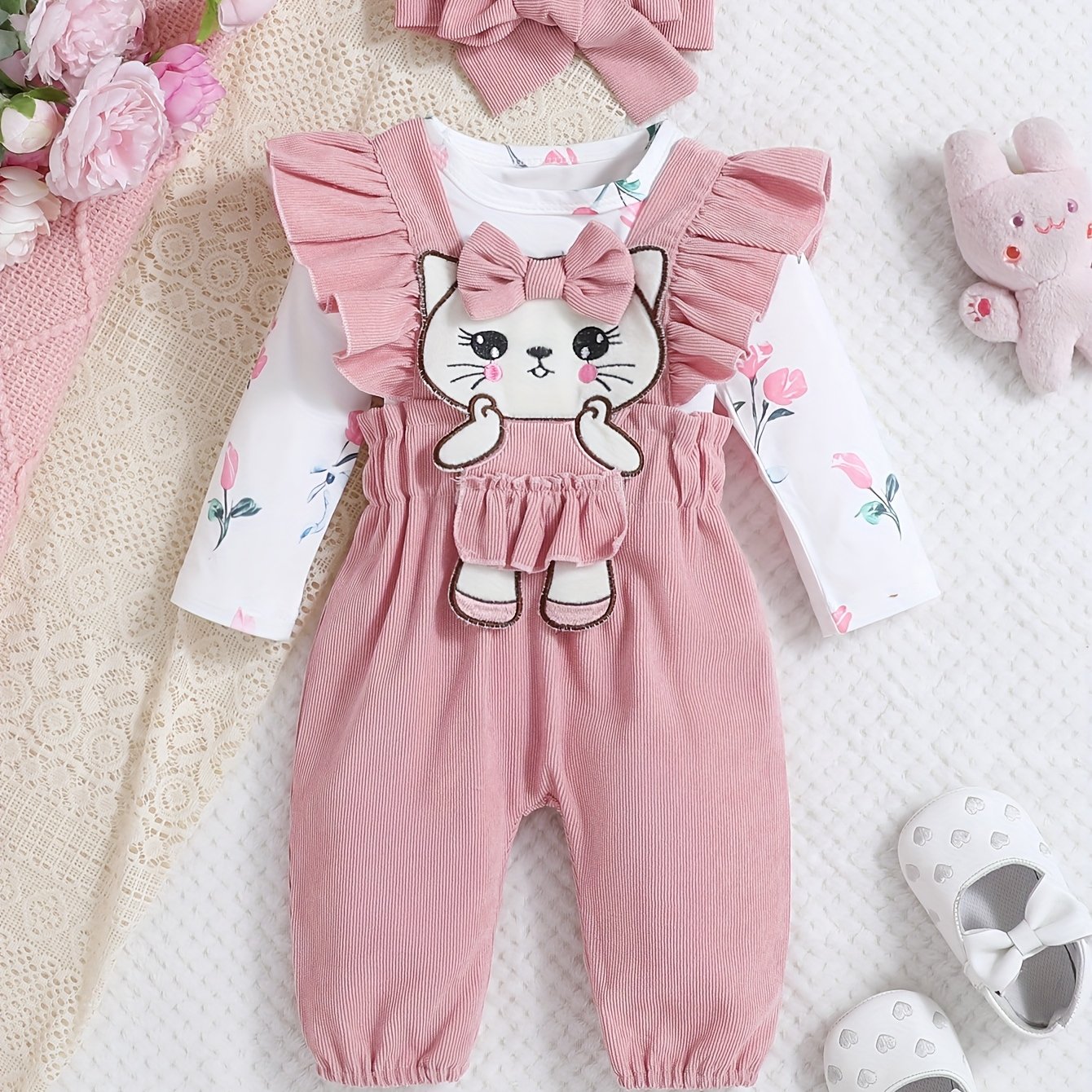 Image of 3pcs Infant Set, Floral Print Bodysuit, Embroidered Patch Corduroy Overalls And Headband, For Outdoor