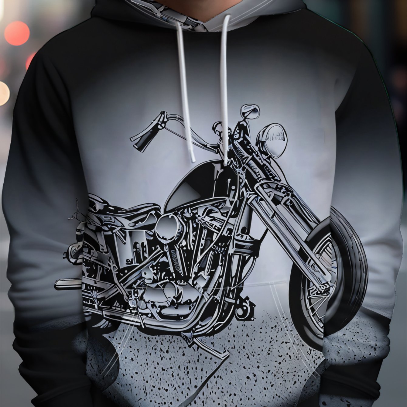 TEMU Men's Long Sleeve Hooded Sweatshirt With Fashion Motorcycle Print, Polyester Fabric, Regular Fit, Casual Versatile Comfortable Style, New Autumn