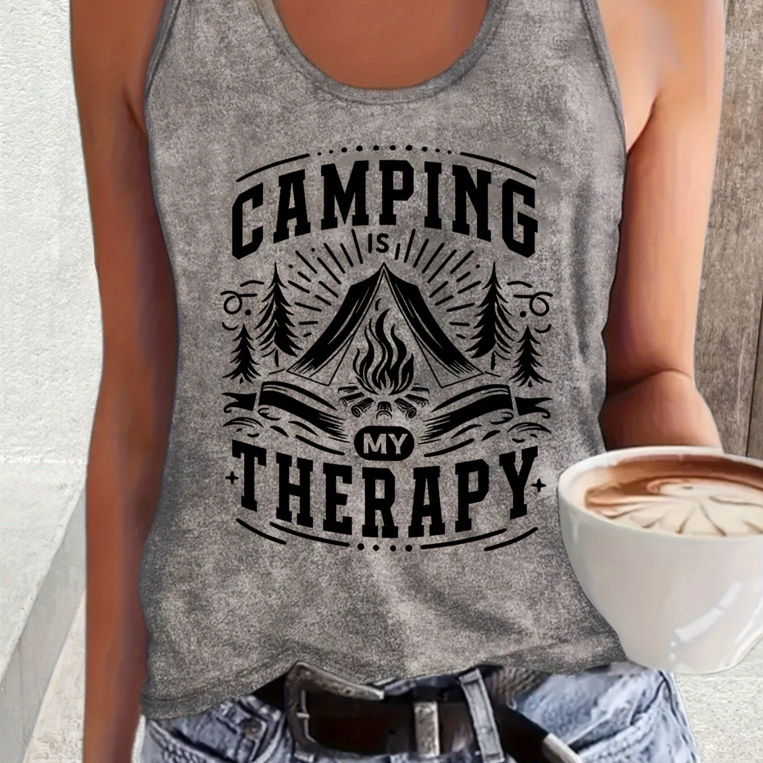 TEMU Motivational ', Run Faster' Letter Print Women's Tank Top - Casual Black Sleeveless Shirt With Coffee Cup Design, Breathable, Machine Washable,
