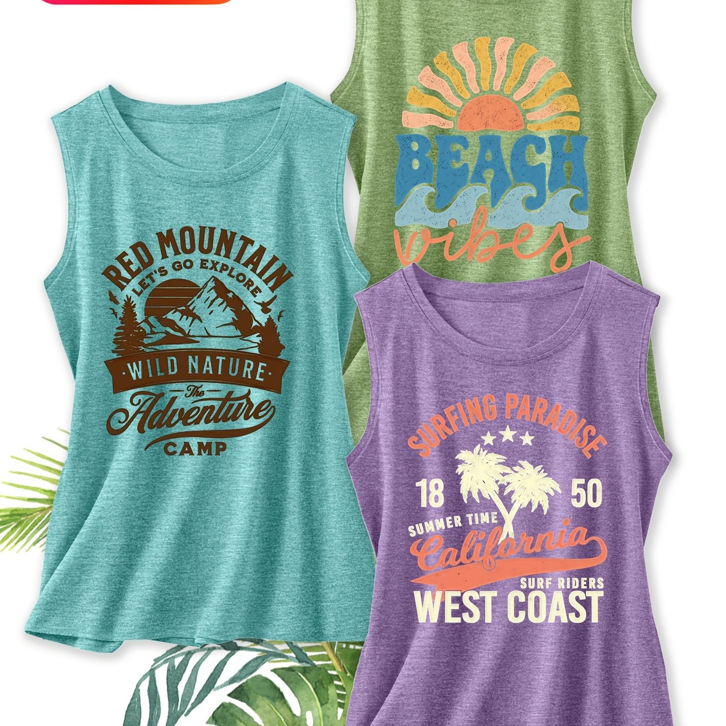 TEMU 3pcs Women's Vintage & Print Tank Tops - Soft Breathable -compatible Tops Suitable For Commuting, Vacation, Beachwear, Spring Summer Fall