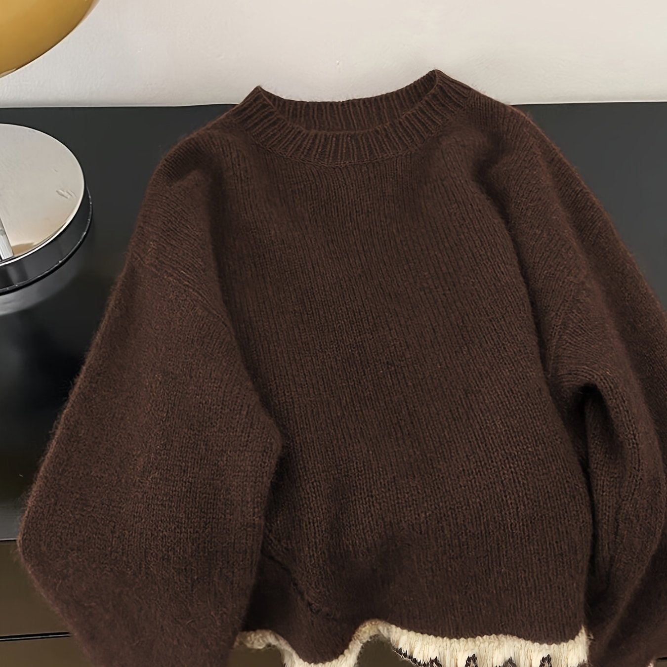 TEMU Autumn Winter New Women's Sweater Retro Color-block Wavy Edge Sweater Women's Round Neck Loose Lazy Style Sweater Autumn Winter Casual Outing