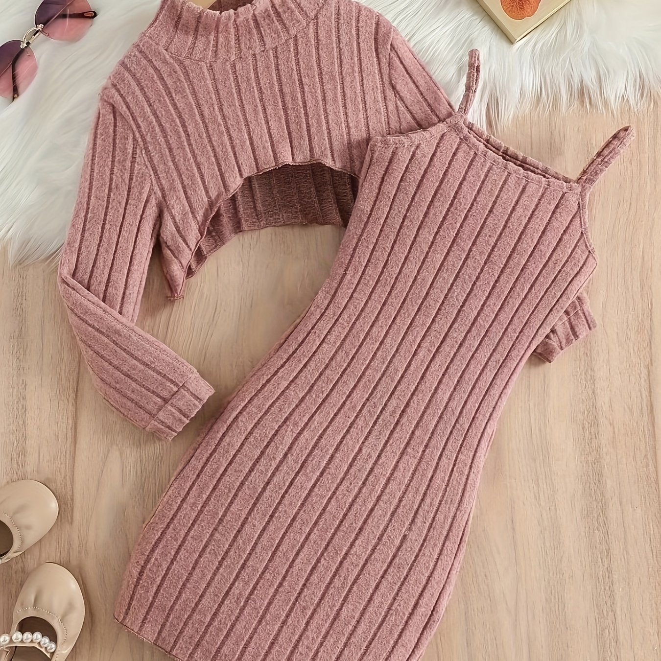 Girls' Fashionable Stylish Two-piece Dress Set With Long Sleeves, Soft And Comfortable Striped Fabric For Autumn And Winter Daily Wear