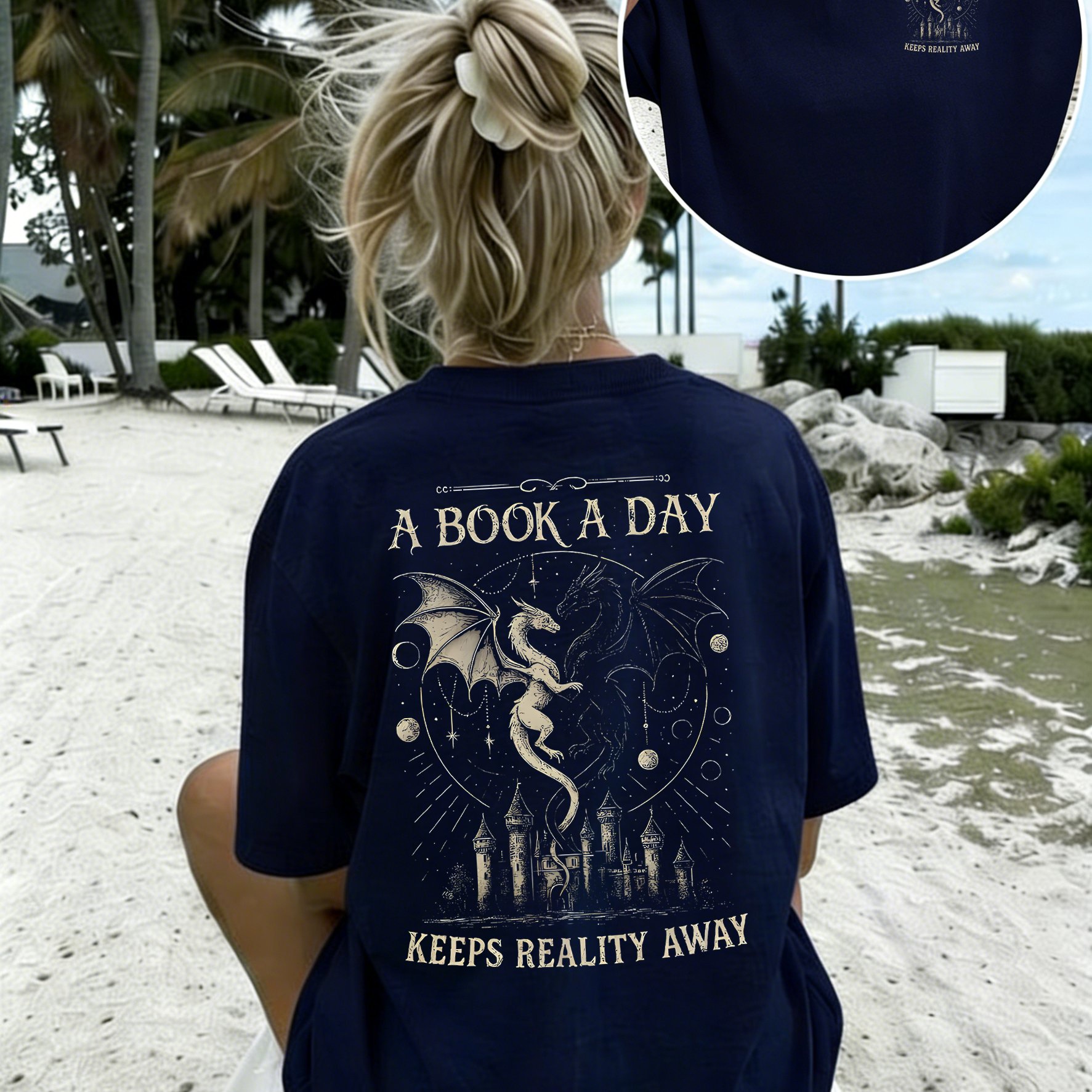 TEMU Women's Crew Neck T-shirt - "a Book A Day Reality Away" Dragon Castle Double-sided Graphic Tee, Book Lovers Casual Top, Soft Lightweight Shirt