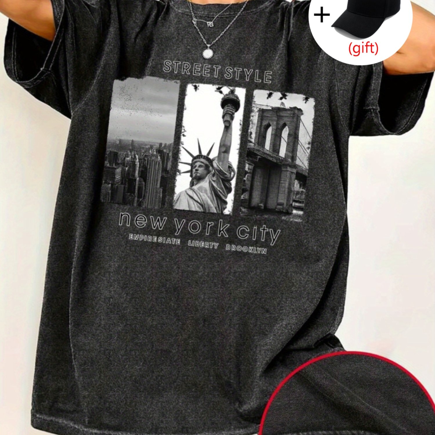 Image of Women's Vintage Nyc Skyline & Landmarks Print Short-sleeve Shirt | Soft Breathable Blend, Retro Loose Fit, Off-the-shoulder Top, Suitable For Travel & Casual Attire, Iconic Style Gift