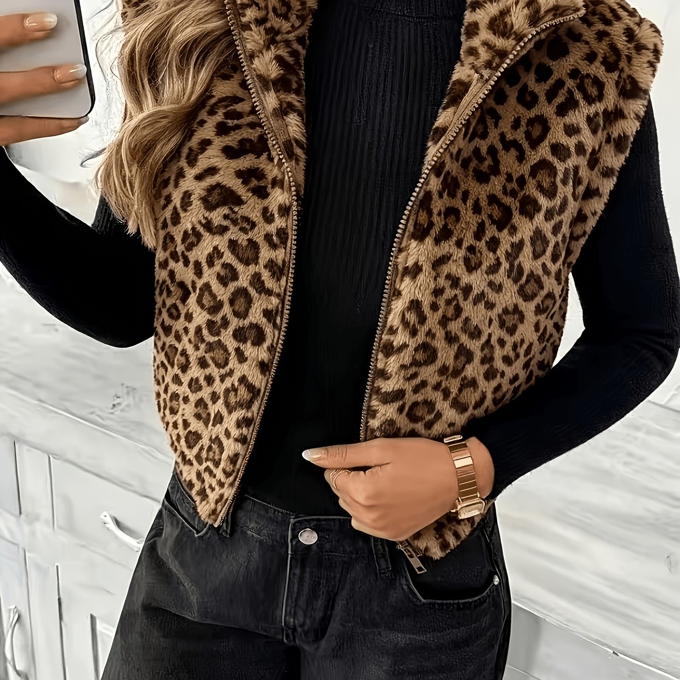 Image of /winter 2026 Collection: Leopard Print Short Double-sided Vest, Women's Elegant Faux Coat, Lapel Collar With Front Zipper Closure, Stylish And Sexy, Versatile Lightweight Warm Jacket For Autumn/winter