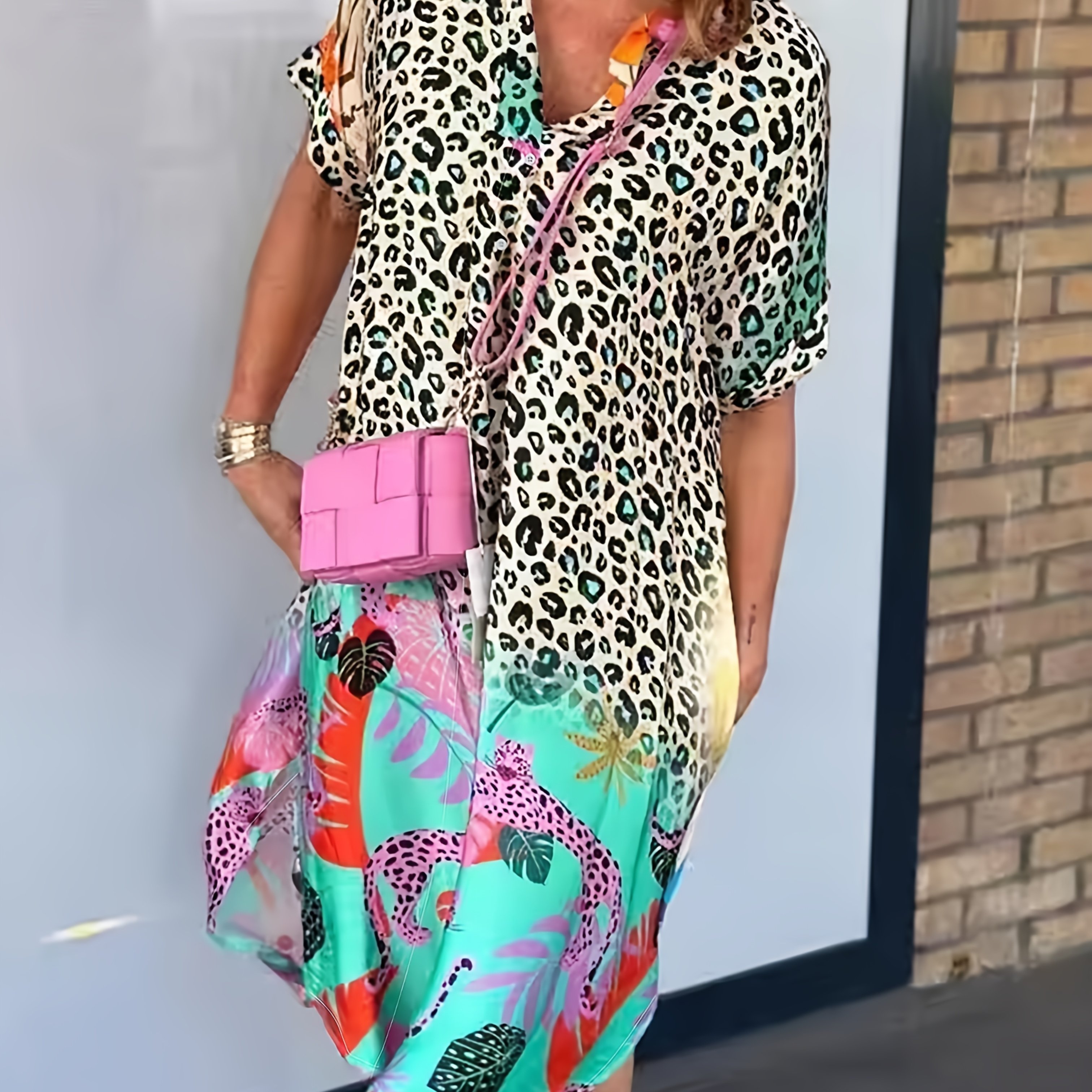 Directional Fashion Leopard Print Women's Dress Elegant Casual Cutout V-neck Short Sleeve Pocket Long 's Dress