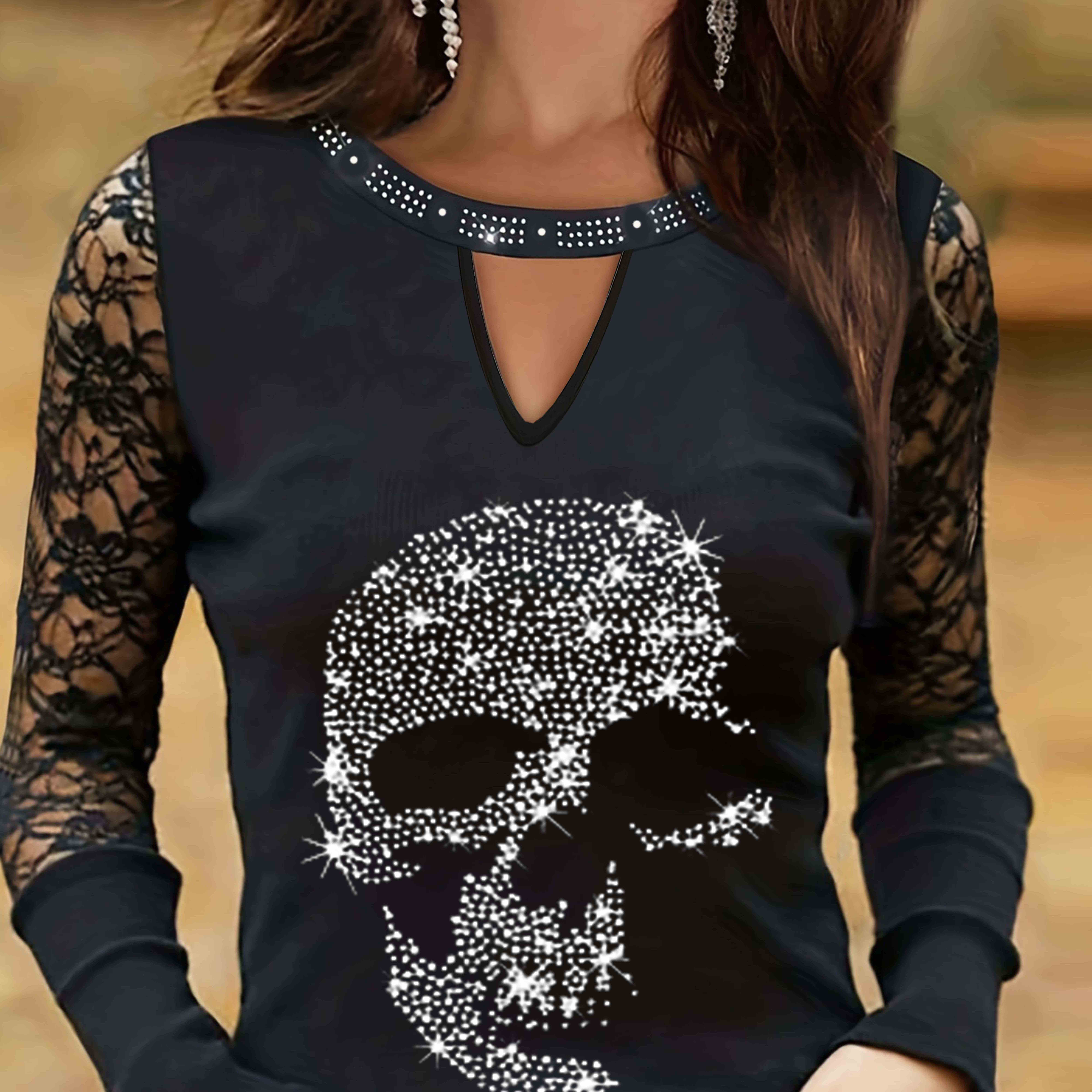 TEMU Autumn New Women's Elegant Round Neck Top Fashion Rhinestone Women's T-shirt Long Sleeve Top