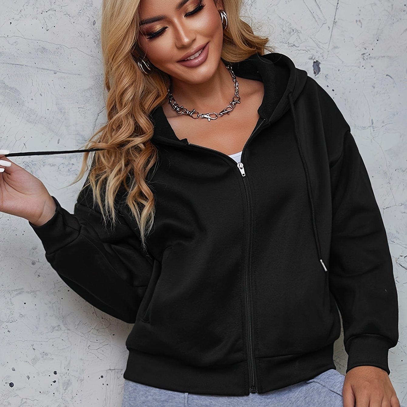 TEMU Casual Women's Long Sleeve Hooded Hoodie, Korean Version Fashion Top, Solid -up Sweatshirt, Breathable And Comfortable For Summer