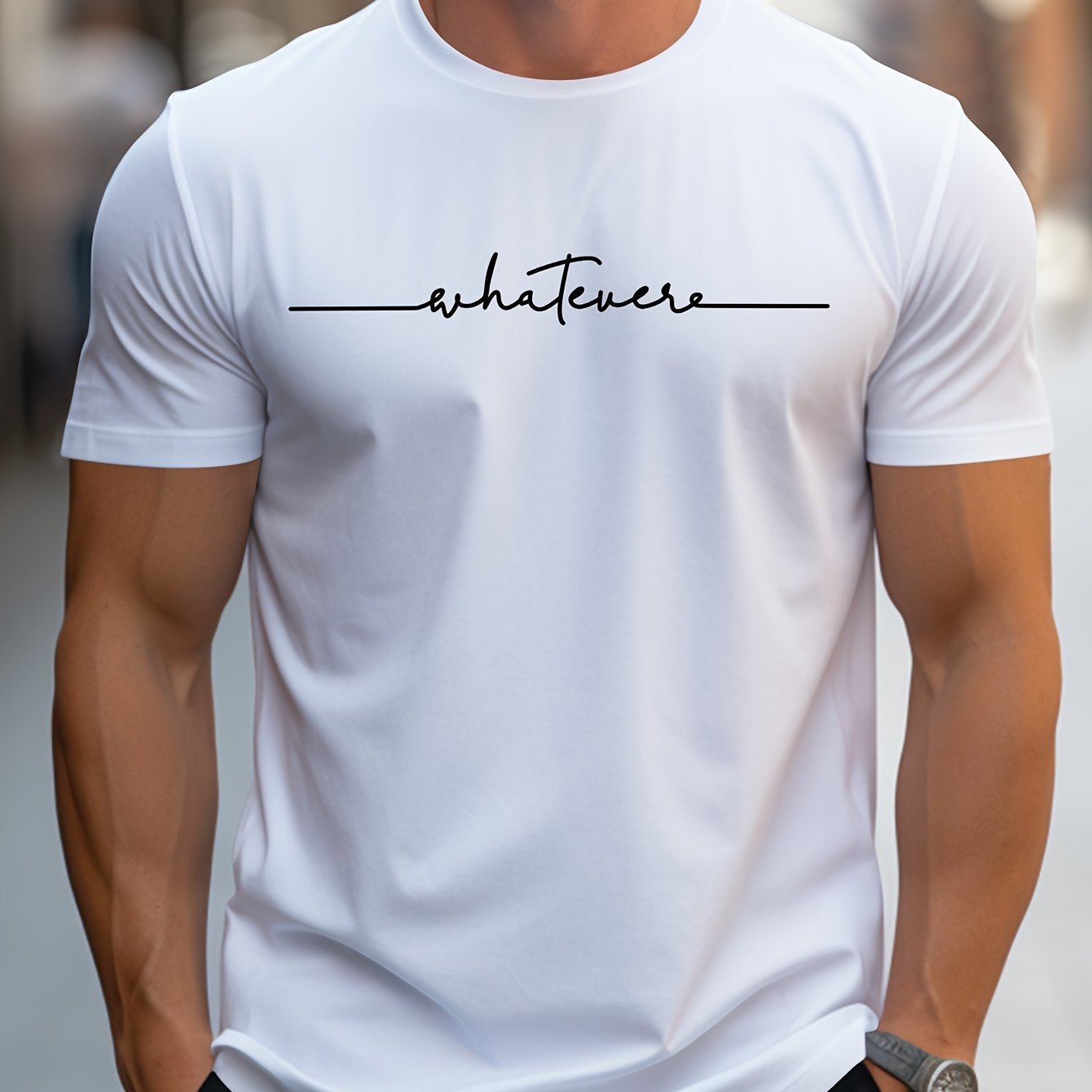 Men's English Art Print Crew Neck T-shirt, Minimalist Lettering! Stylish Handwritten Alphabet Short Sleeve Casual Essential! Low-key Sophisticated! Lazy Style! Handwritten Letter Print Tee