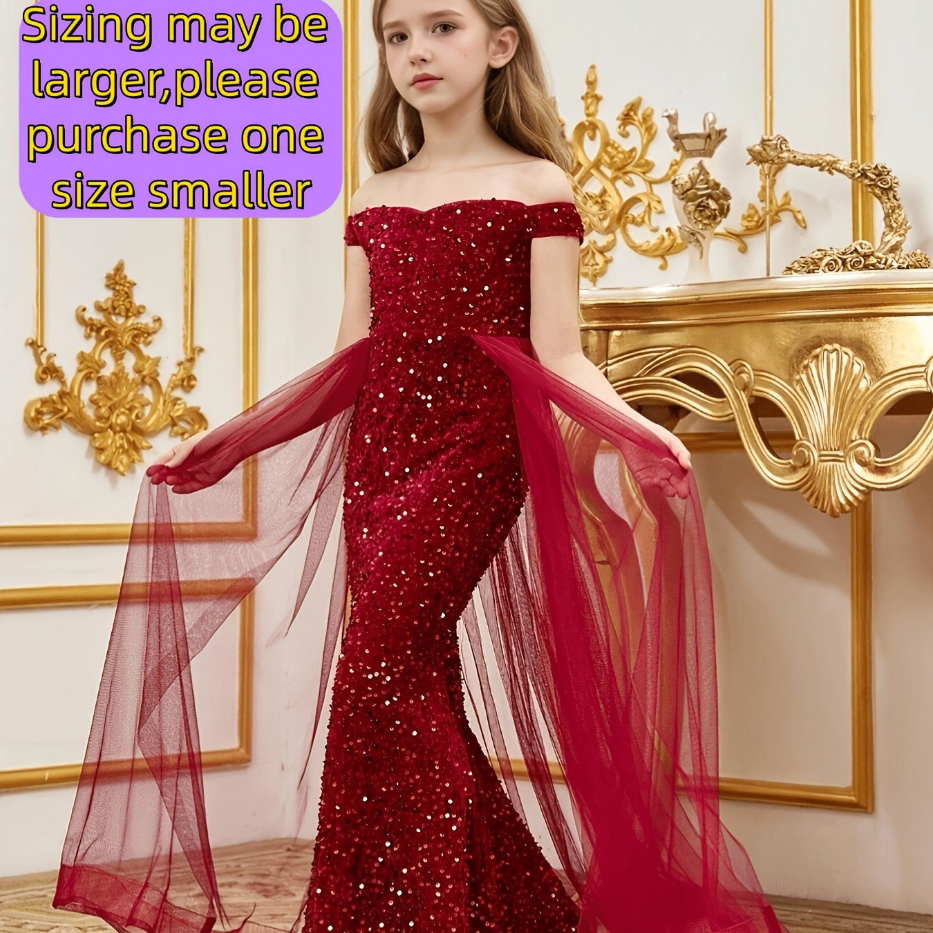 Image of Girl's Luxurious Off-shoulder Sequined Mermaid Party Dress - Long Skirt With Layered Tulle And Slim-fit Evening Gown, Suitable For Special Occasions