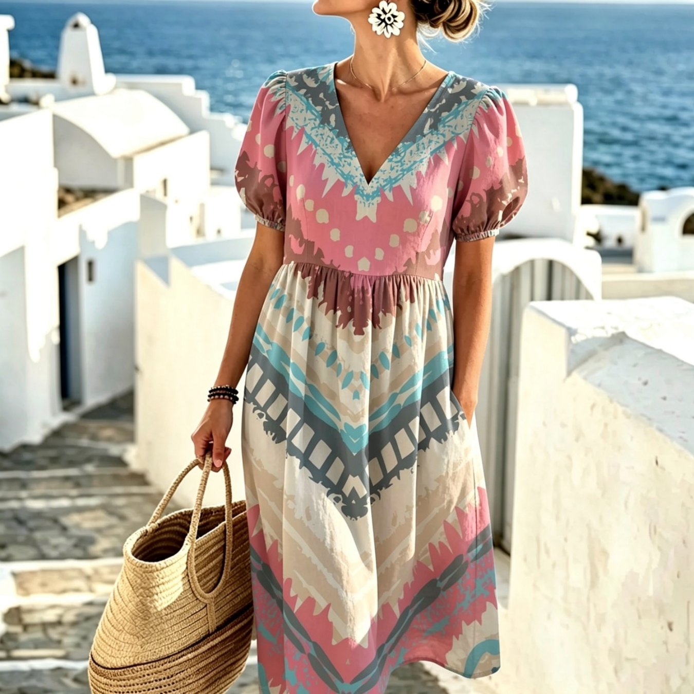 Image of Women's Summer V-neck Dress Chevron Color-block Patterns Pattern Puff Short Sleeves Elegant, Exquisite Fashionable Machine Washable With Pockets Suitable For Daily Wear Party Gatherings Perfect Gift