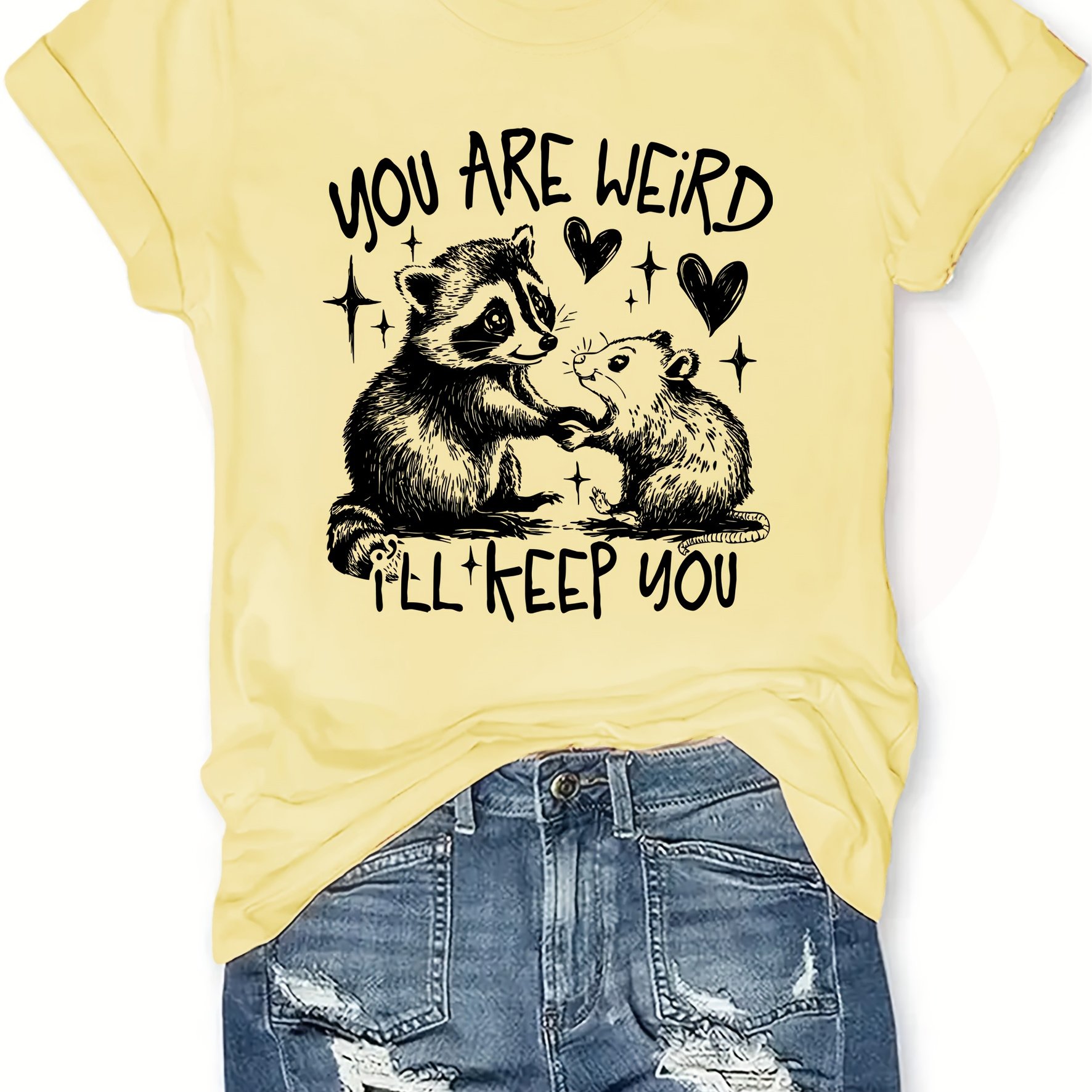 TEMU Raccoon Letter Printed Women's Summer Dress Combination Version Round Neck T-shirt