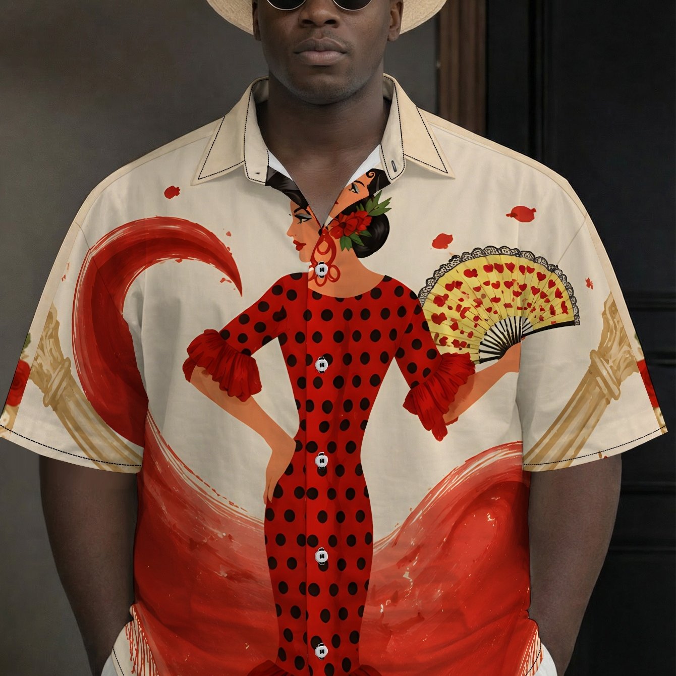 TEMU Flamenco Heart Of Spain Men's Plus Size Casual Print Short Sleeve Shirt, Comfortable & Breathable, Casual, Beach Style, Vacation, Daily Wear,