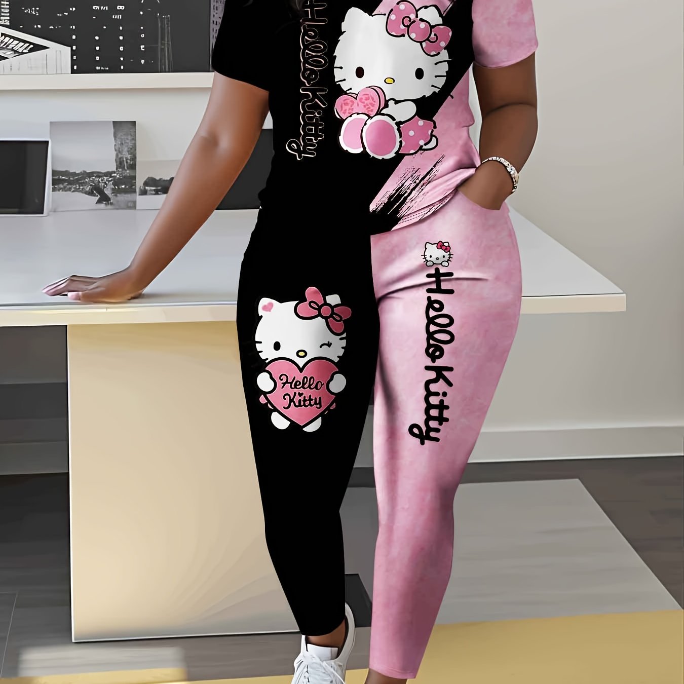 TEMU [authorization] 2pcs Plus Size For Hello Kitty 3d Print Women's T-shirt And Long Pants Set, Cartoon Pattern Prints Neck Short Sleeve Top And Long Pants, Summer Set, For Lover Gift