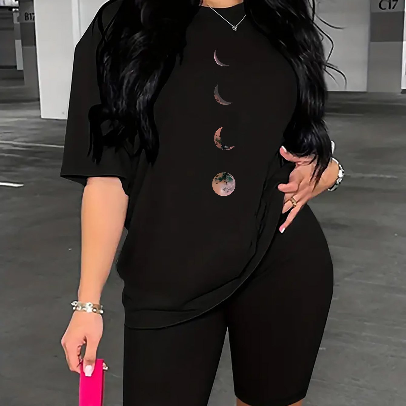 TEMU Full And Curved Moon Print Fashion Simple Casual Plus Size Women's T-shirt And Shorts Two-piece Set