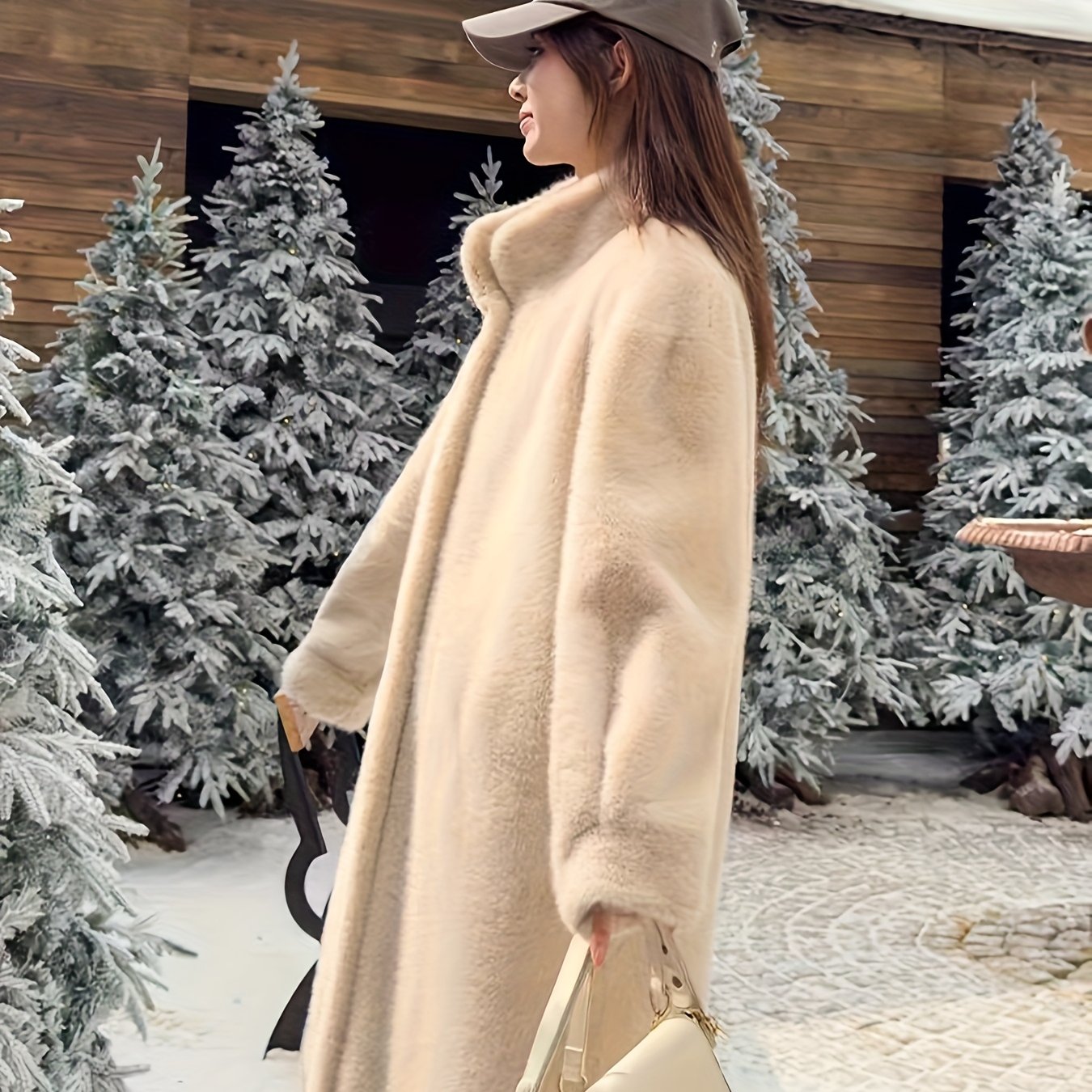 E-shop Damen Mink-Optik Mantel, Mittellanger Kunstpelz-Offenfront-Mantel, Eleganter Langarm-Wintermantel für Herbst Winter, Damenbekleidung, Eleganter