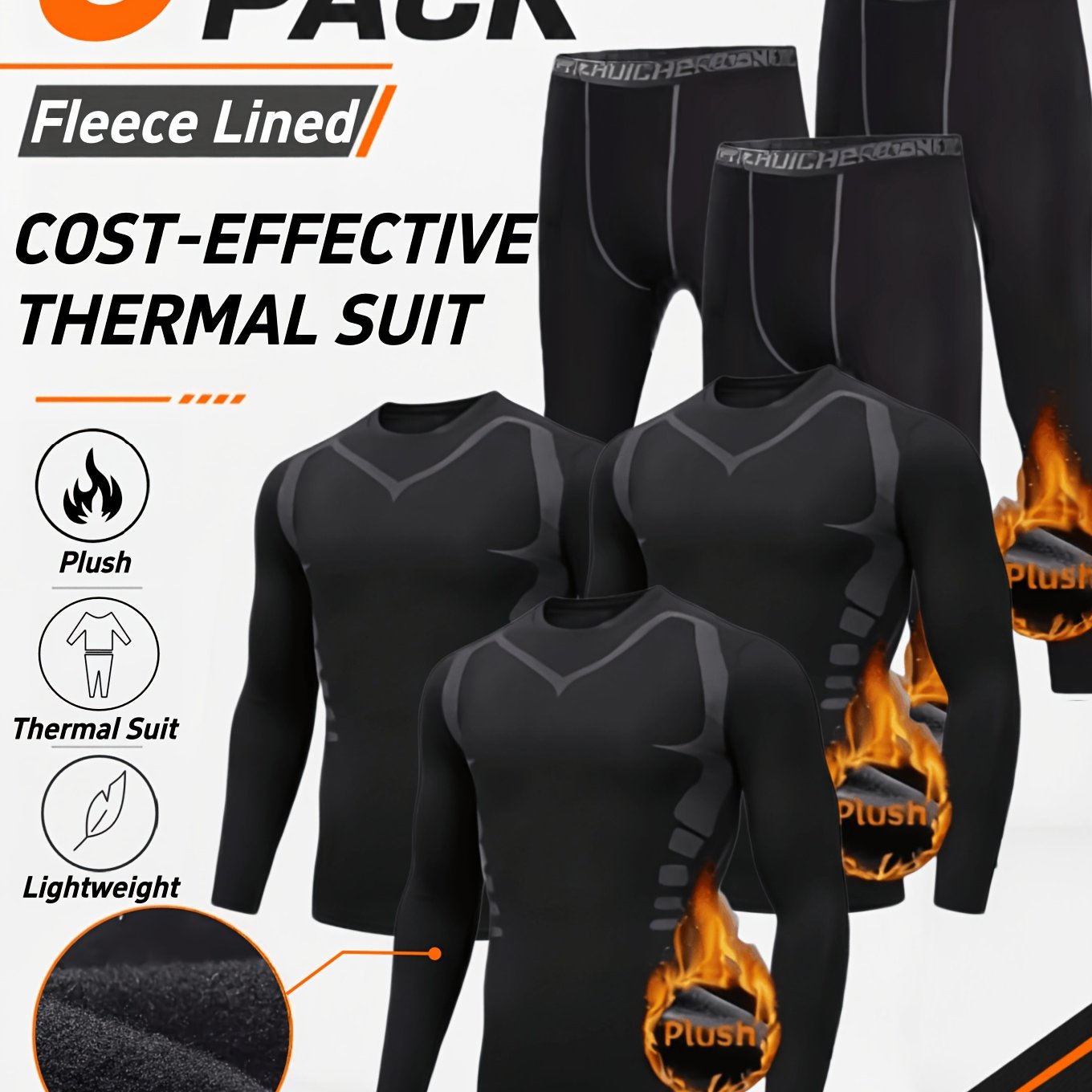 TEMU 6pcs Men's Fleece Lined Thermal Compression Suit Set - Full Body Base Layer Outfit, Soft Stretchy Quick-dry Thermal Underwear, Warm Long Johns