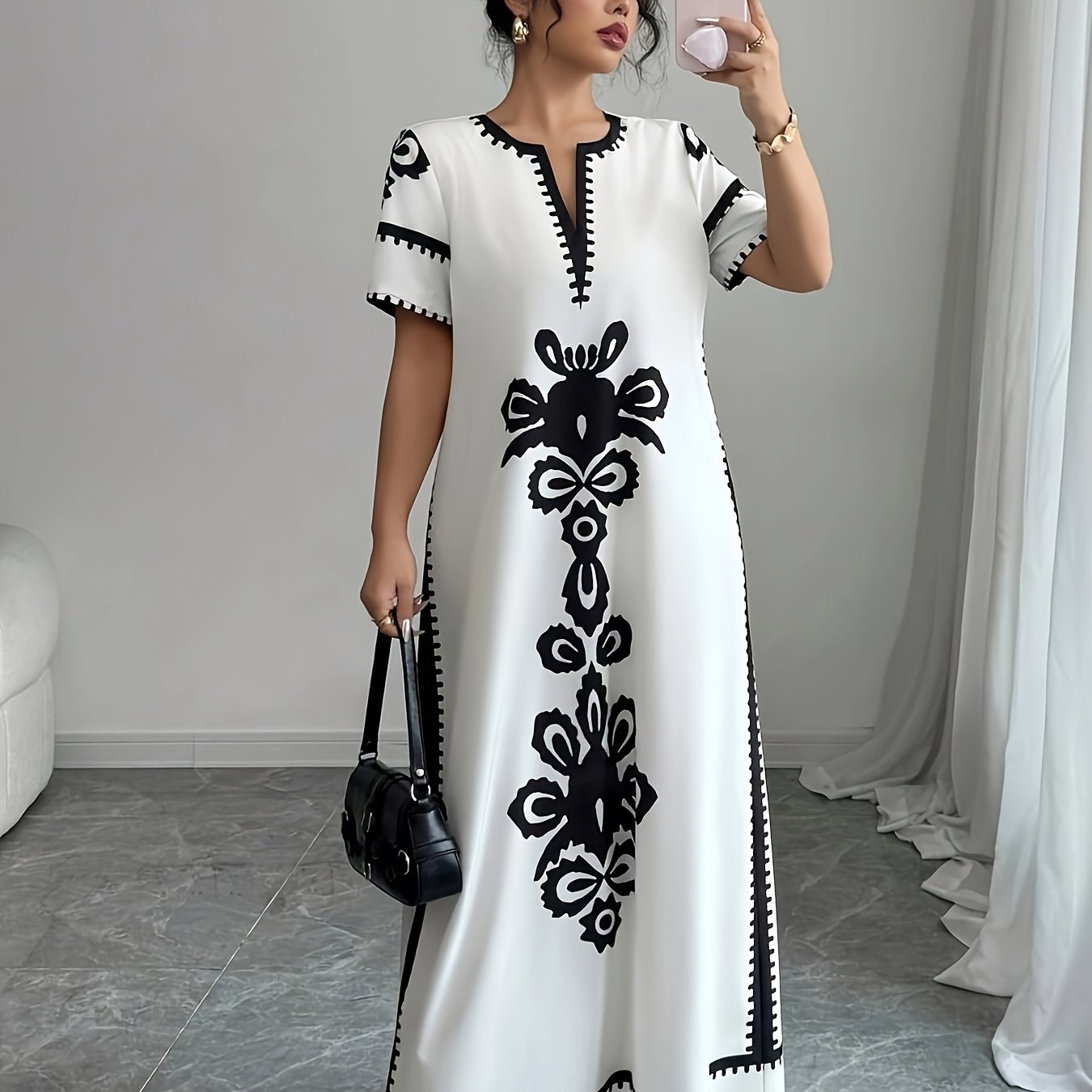 TEMU Middle Eastern Ramadan Themed Elegant Spring And Summer Party Dress With A V-neck Short Sleeves And Paisley Print