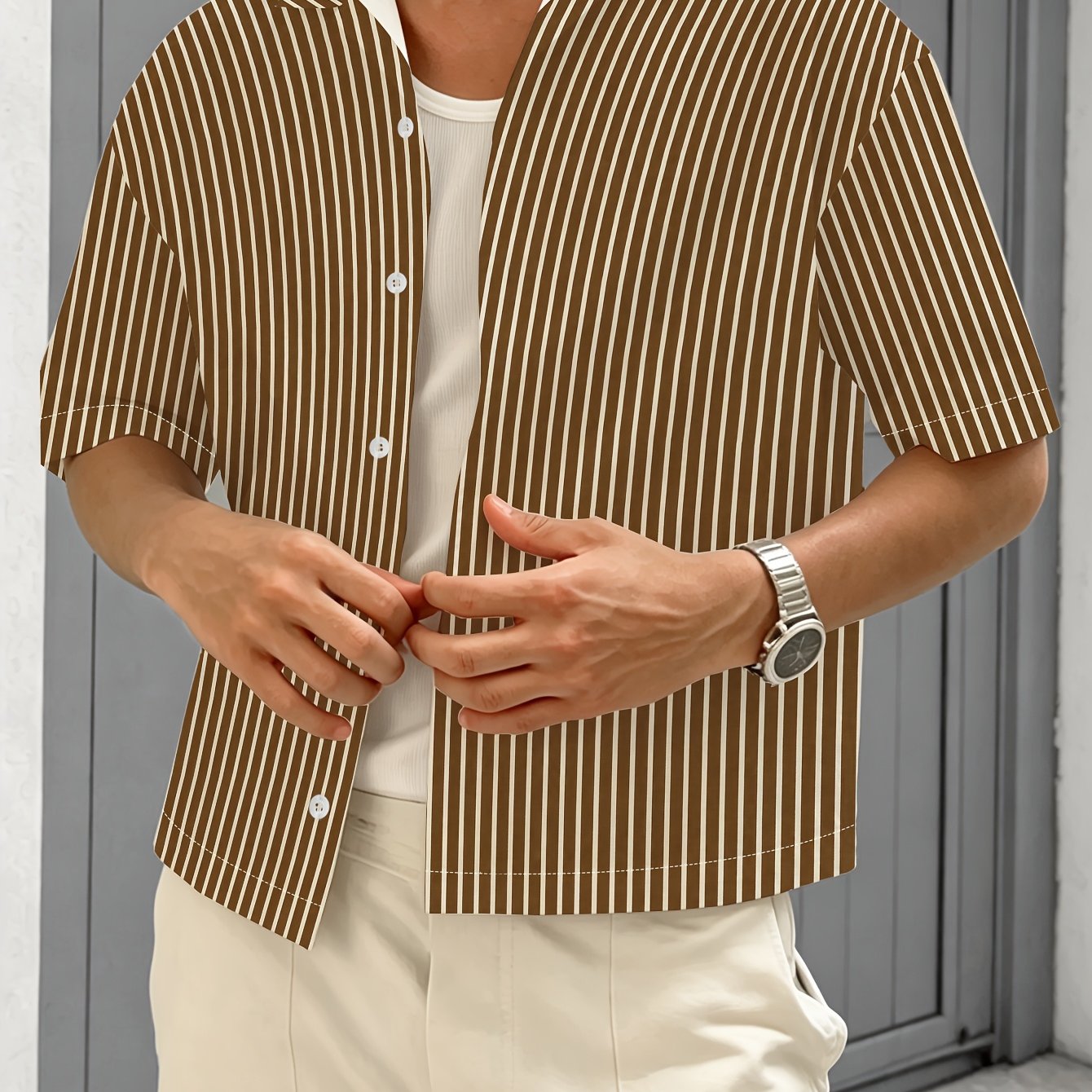 TEMU Men's Casual Short Lapel Vertical Striped Short Sleeve Shirts, Loose Breathable Button- Tops For Daily Vacation Women's Clothing